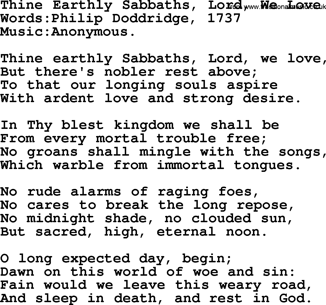 Songs and Hymns about Heaven: Thine Earthly Sabbaths, Lord, We Love lyrics with PDF
