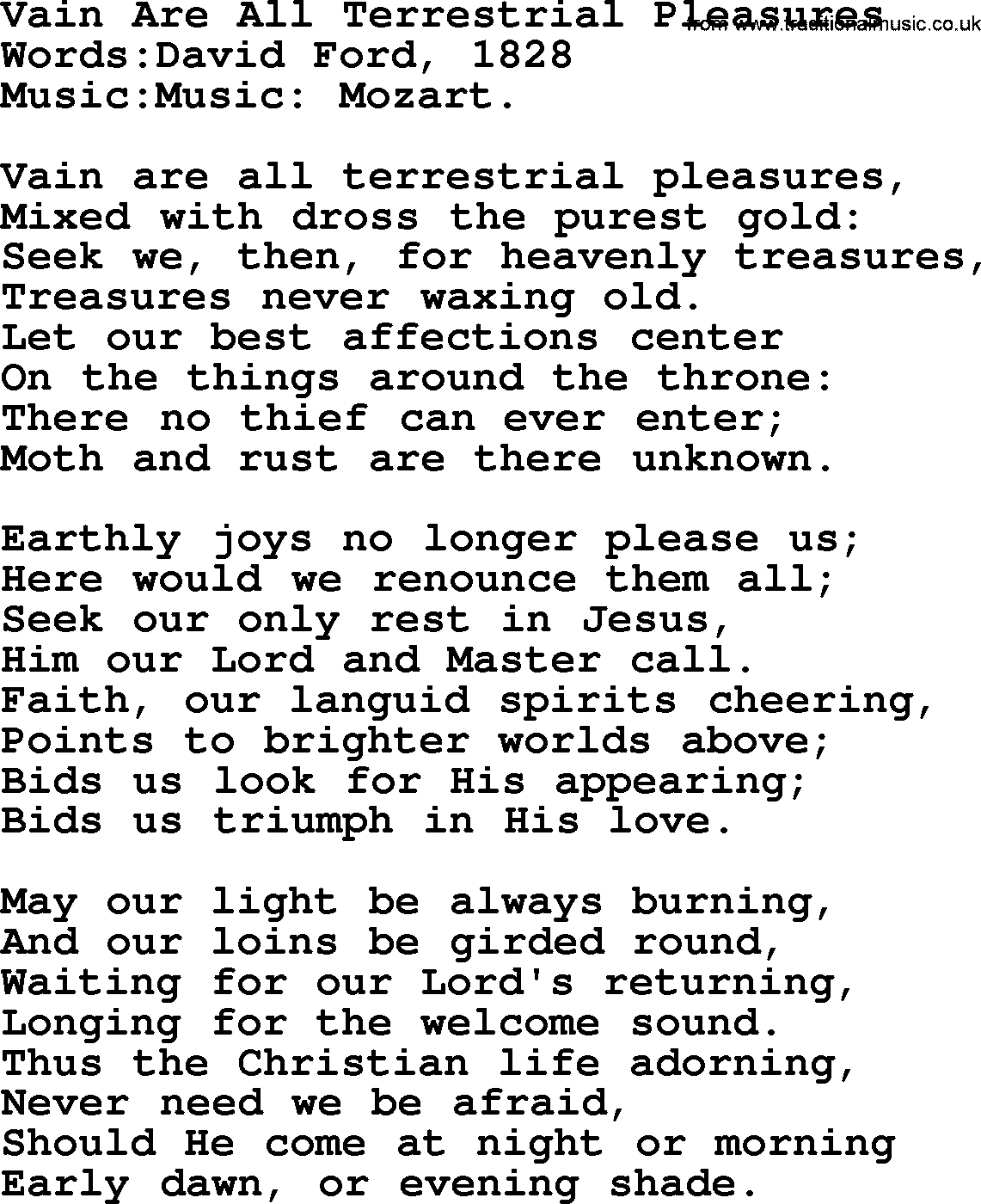 Songs and Hymns about Heaven: Vain Are All Terrestrial Pleasures lyrics with PDF