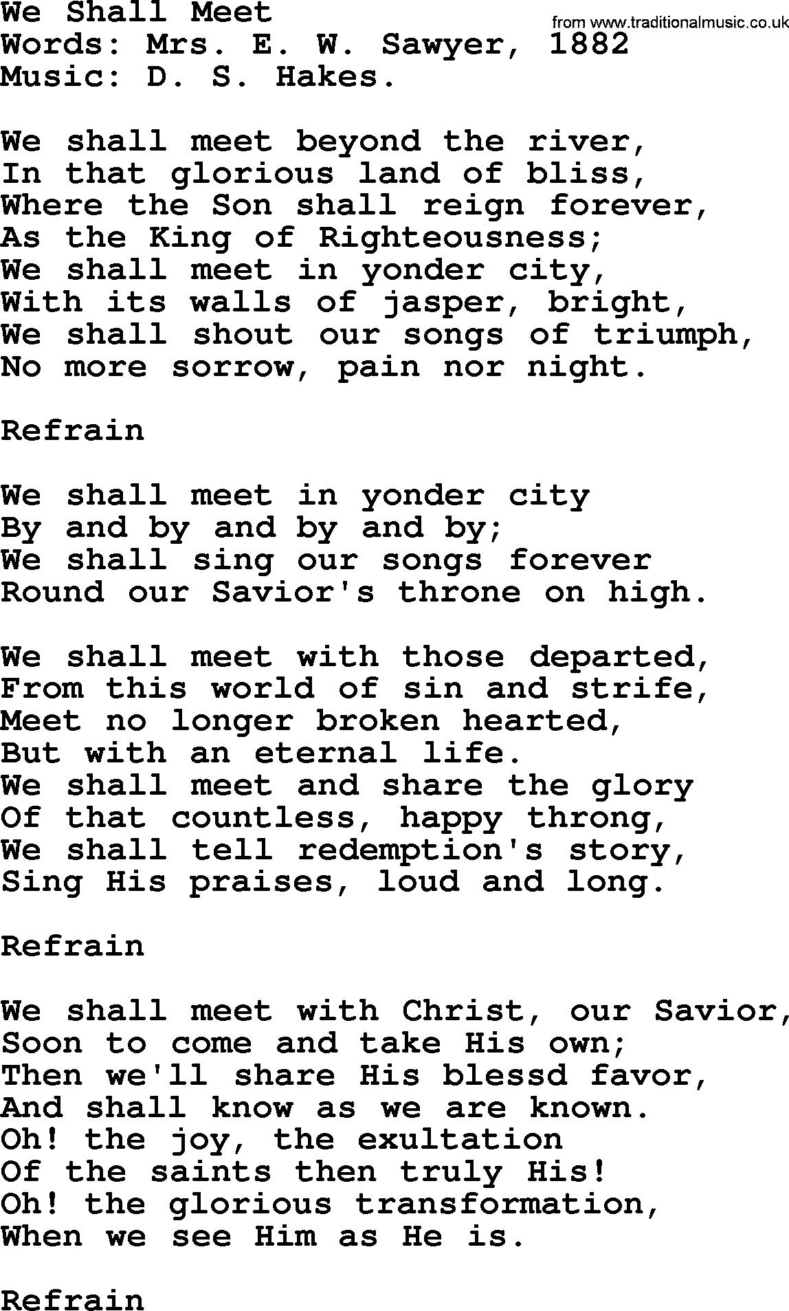 Songs and Hymns about Heaven: We Shall Meet lyrics with PDF