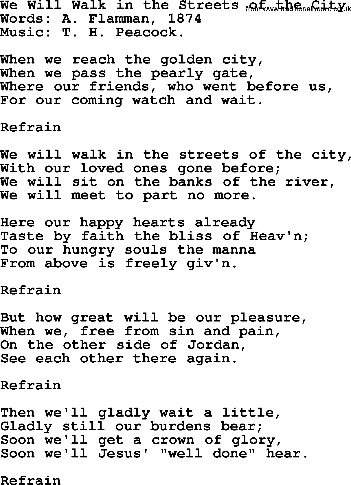 Songs and Hymns about Heaven: We Will Walk In The Streets Of The City lyrics with PDF