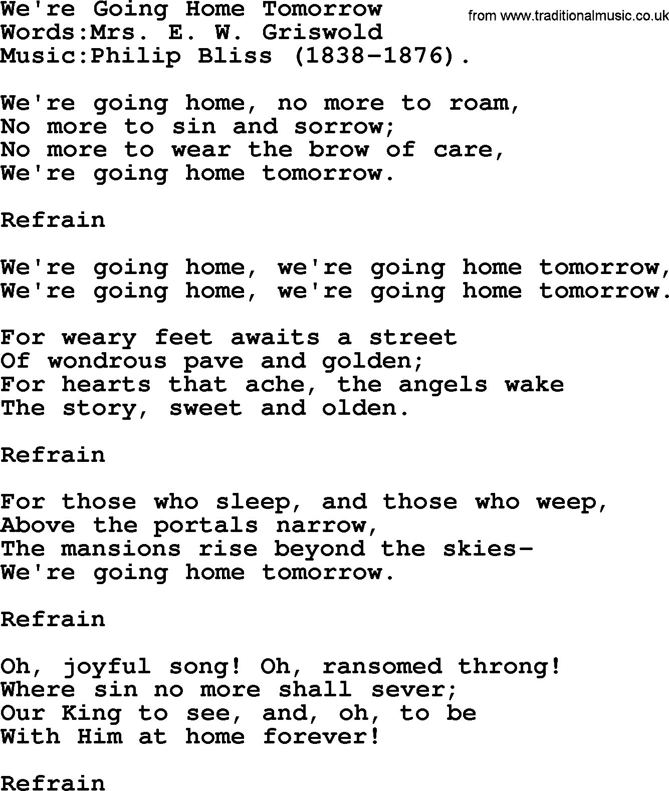 Songs and Hymns about Heaven: We're Going Home Tomorrow lyrics with PDF