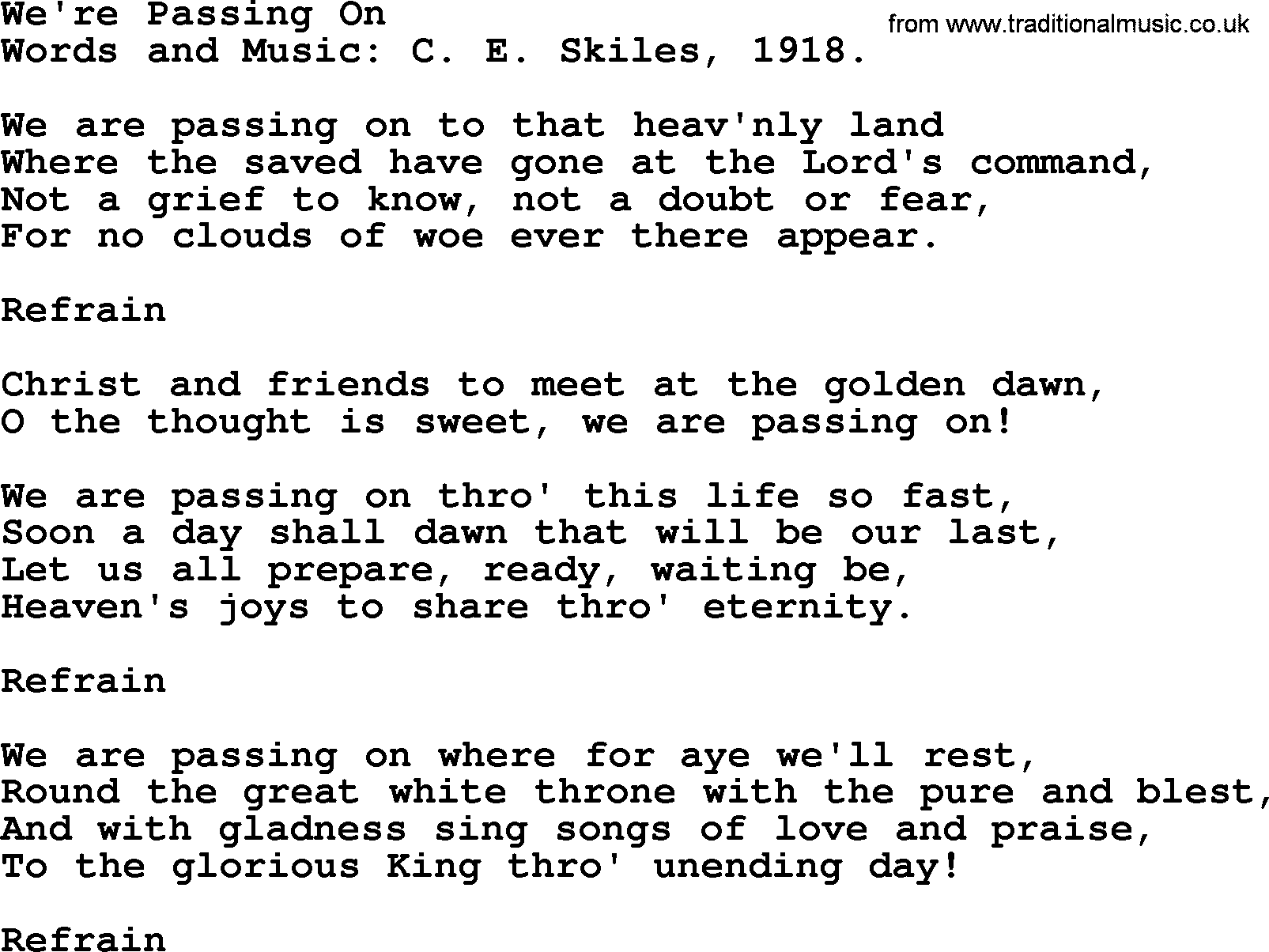Songs and Hymns about Heaven: We're Passing On lyrics with PDF