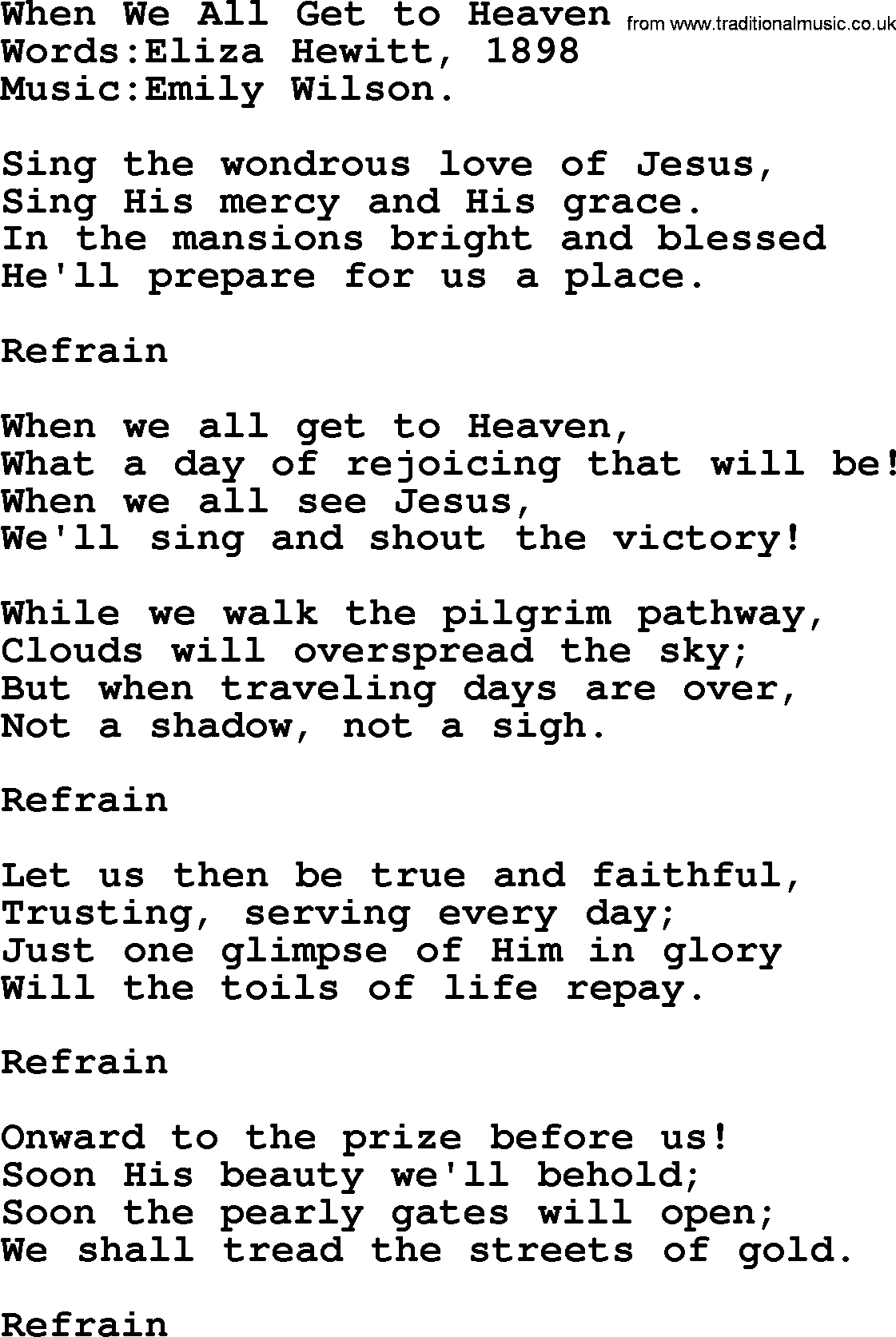 Songs and Hymns about Heaven: When We All Get To Heaven lyrics with PDF