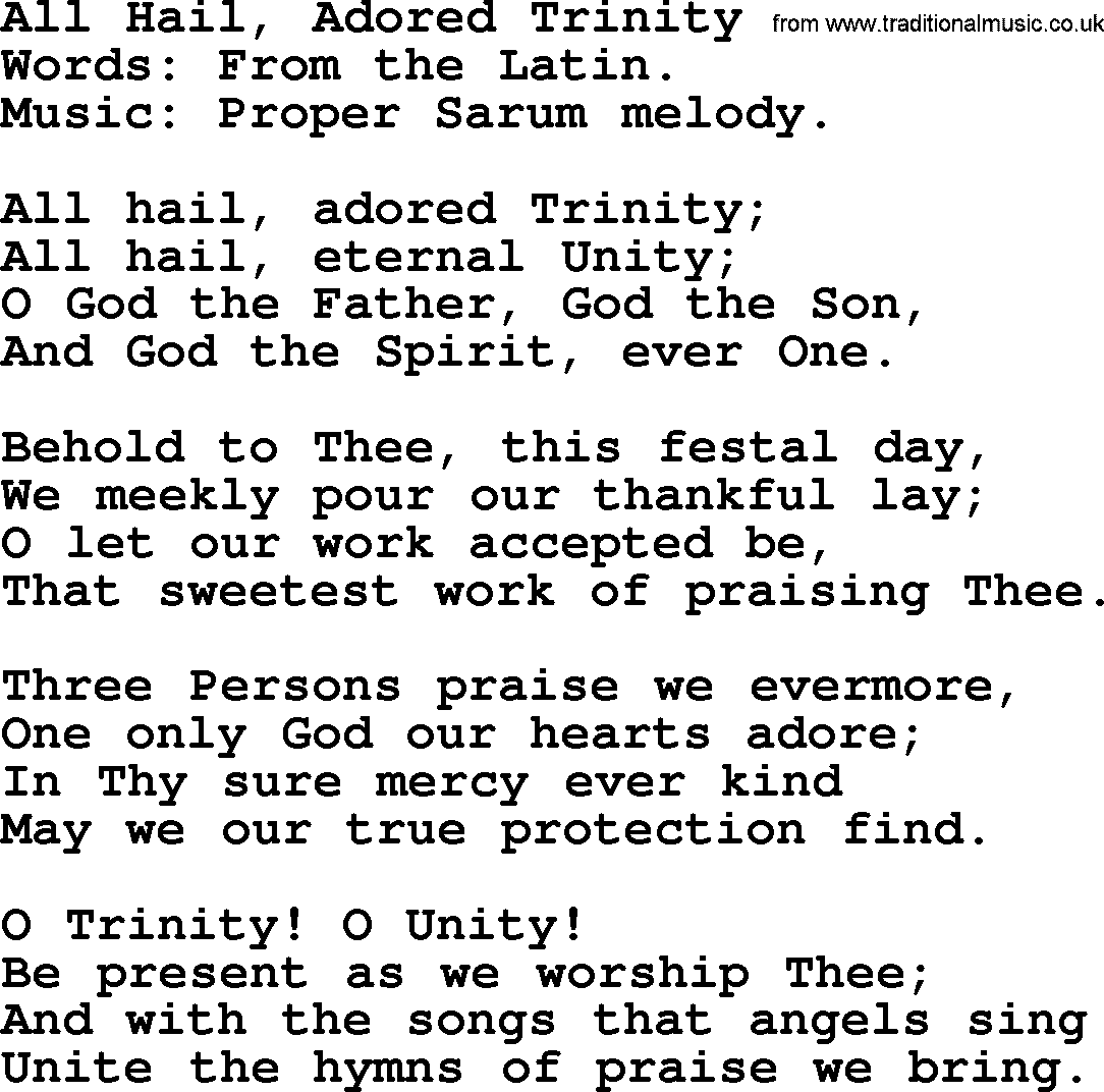 Hymns from the Psalms, Hymn: All Hail, Adored Trinity, lyrics with PDF
