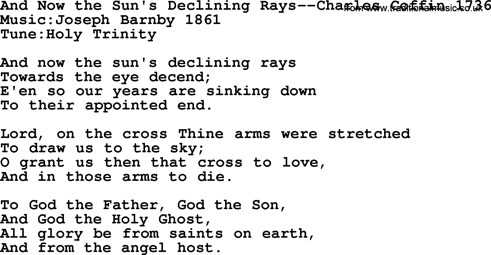 Hymns from the Psalms, Hymn: And Now The Sun's Declining Rays-Charles Coffin 1736, lyrics with PDF