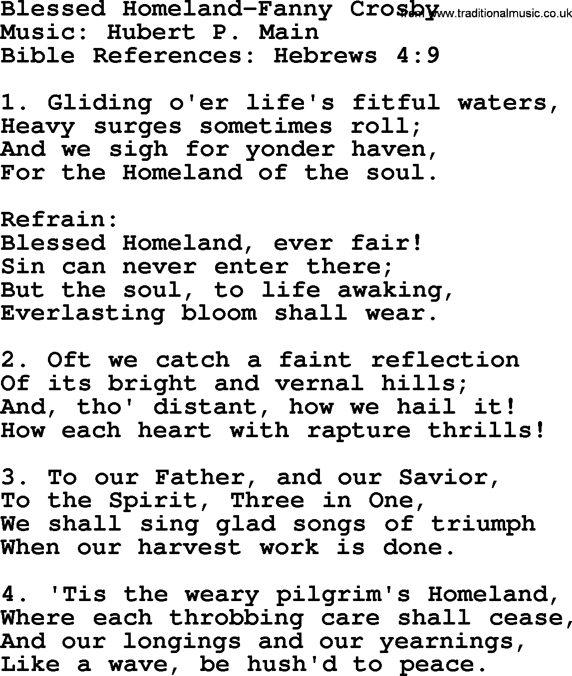Hymns from the Psalms, Hymn: Blessed Homeland-Fanny Crosby, lyrics with PDF