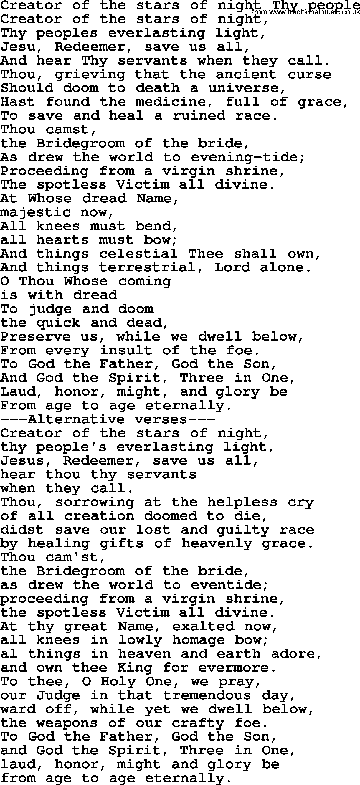 Hymns from the Psalms, Hymn: Creator Of The Stars Of Night Thy People, lyrics with PDF