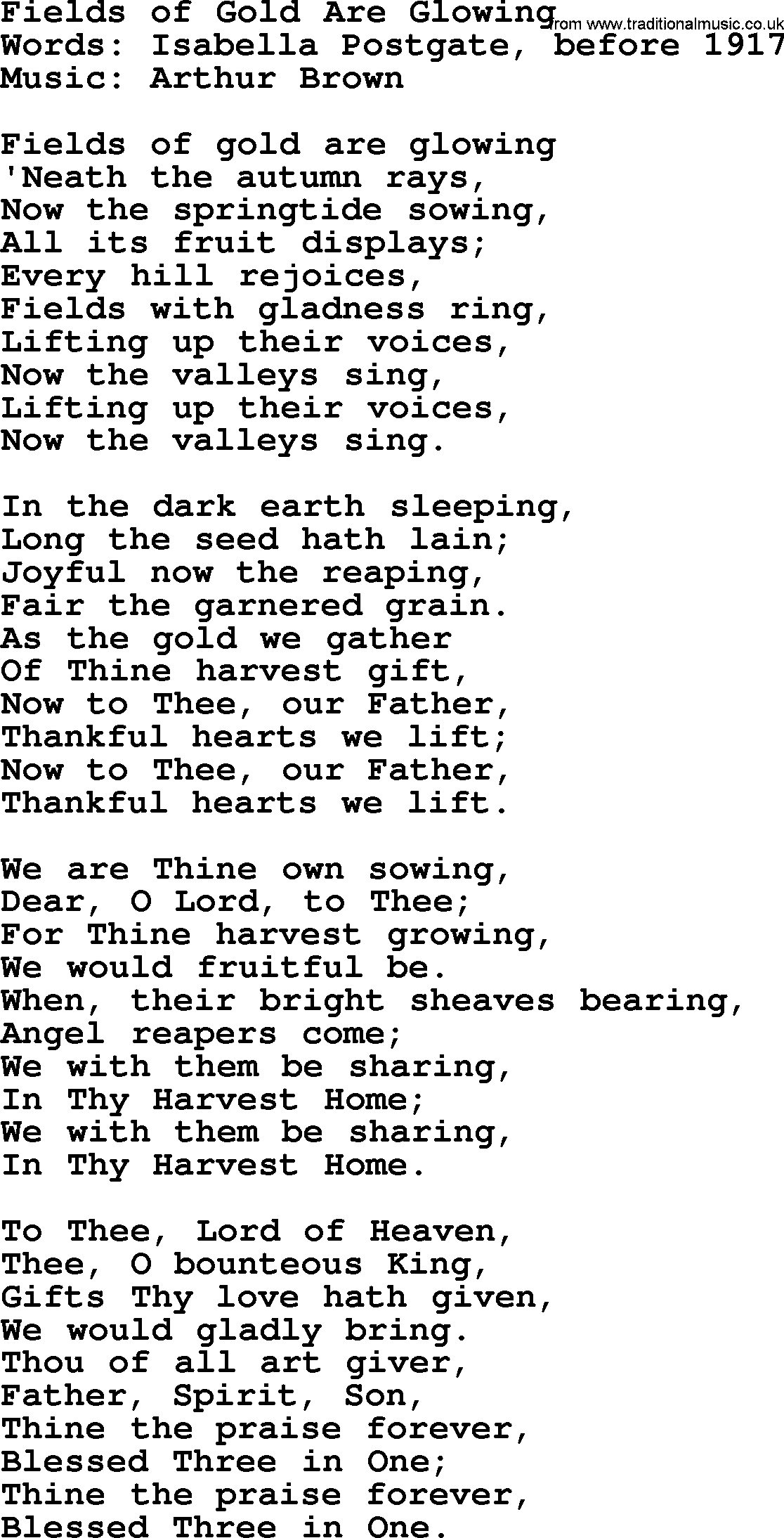 Hymns from the Psalms, Hymn: Fields Of Gold Are Glowing, lyrics with PDF