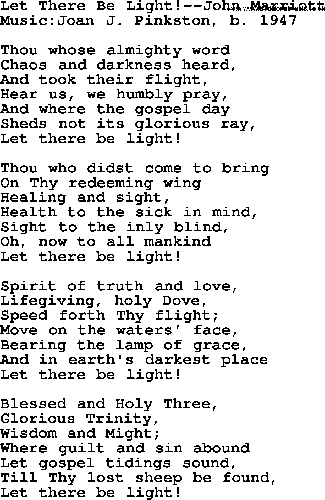 Hymns from the Psalms, Hymn: Let There Be Light!-John Marriott, lyrics with PDF