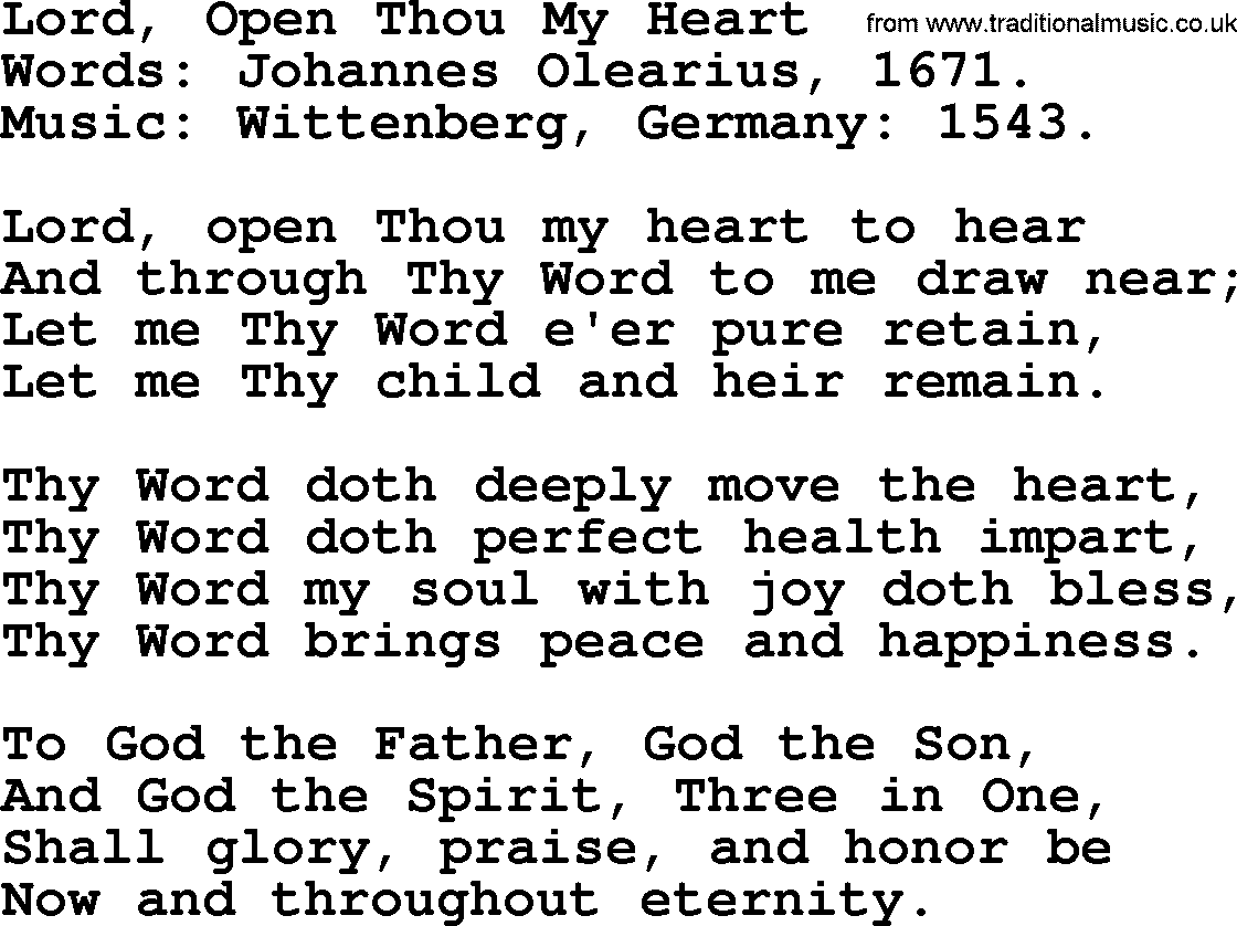 Hymns from the Psalms, Hymn: Lord, Open Thou My Heart, lyrics with PDF