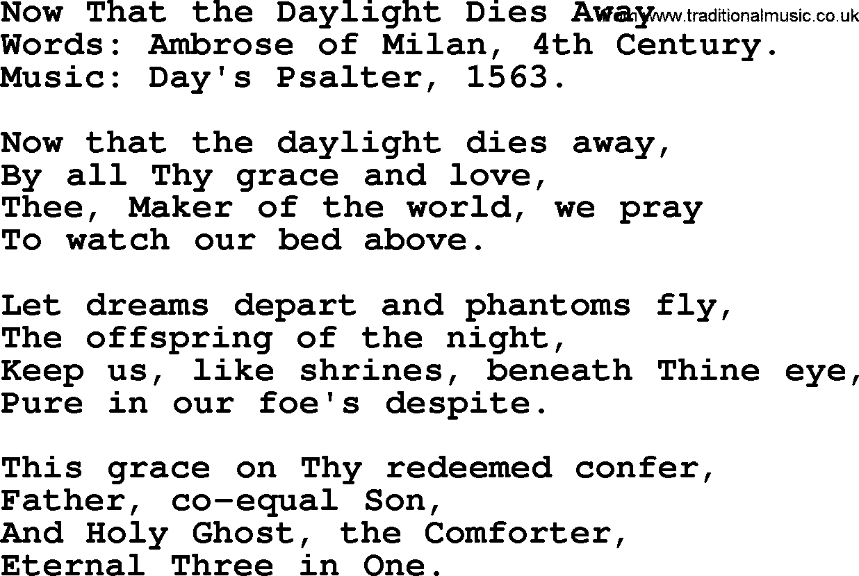 Hymns from the Psalms, Hymn: Now That The Daylight Dies Away, lyrics with PDF