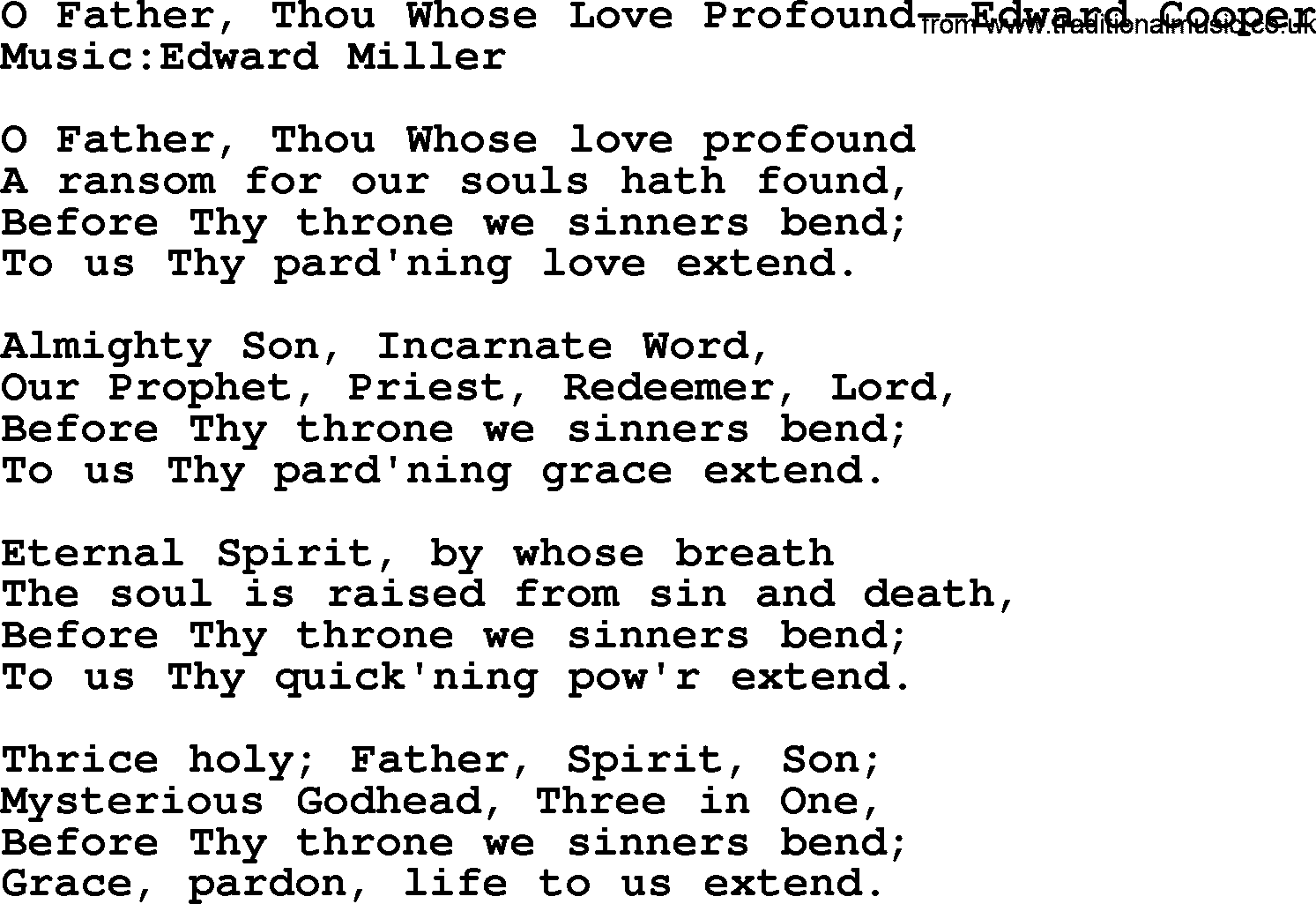 Hymns from the Psalms, Hymn: O Father, Thou Whose Love Profound-Edward Cooper, lyrics with PDF
