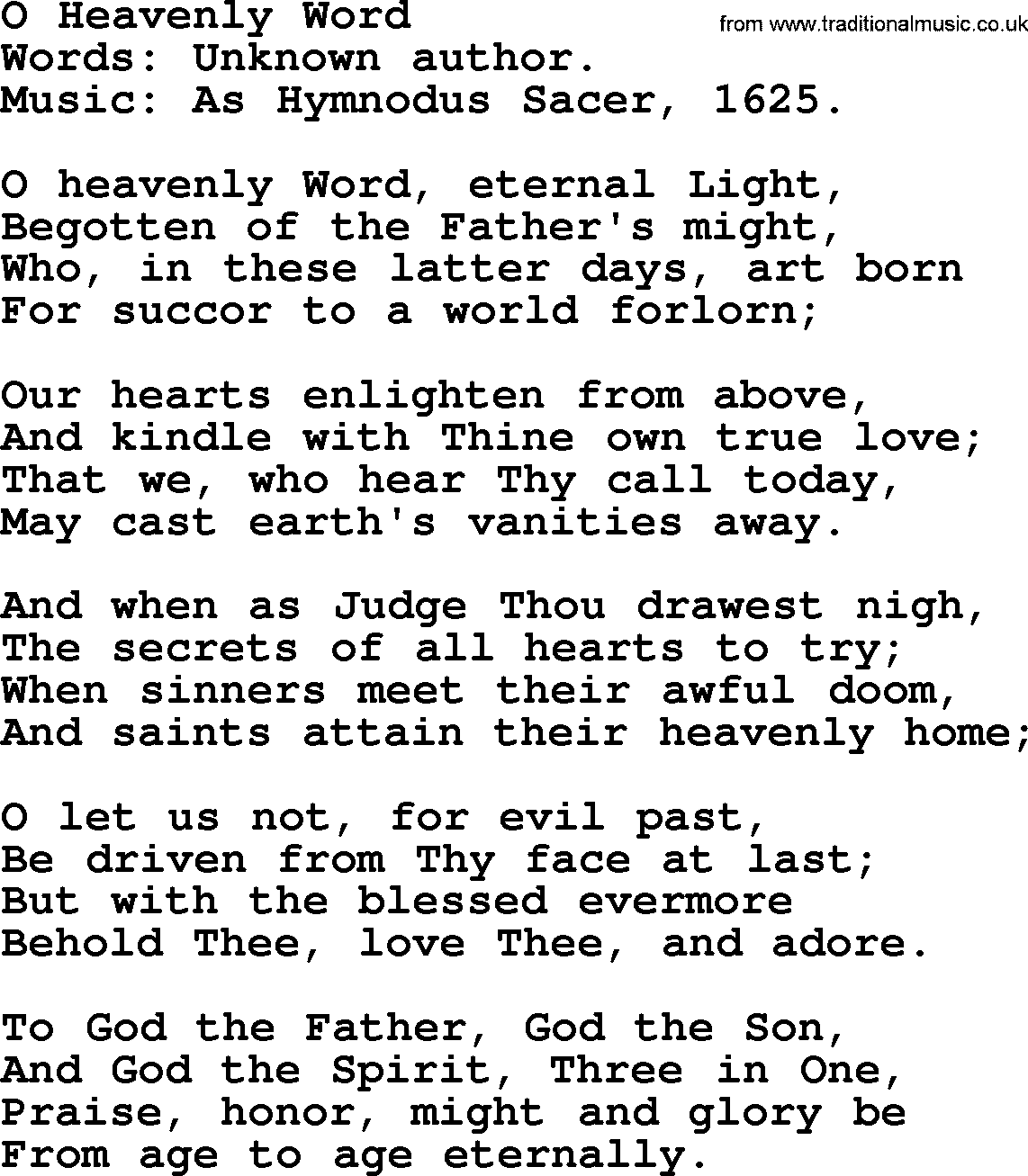 Hymns from the Psalms, Hymn: O Heavenly Word, lyrics with PDF