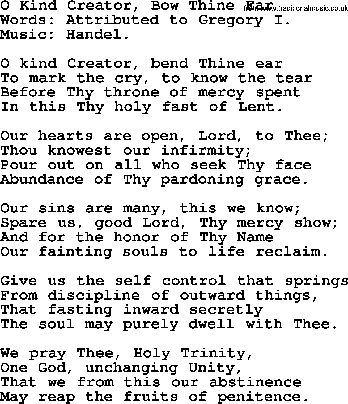 Hymns from the Psalms, Hymn: O Kind Creator, Bow Thine Ear, lyrics with PDF