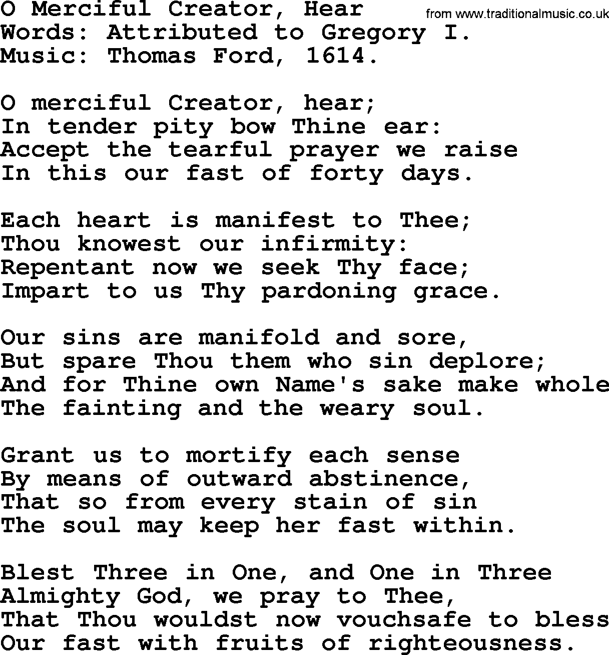 Hymns from the Psalms, Hymn: O Merciful Creator, Hear, lyrics with PDF