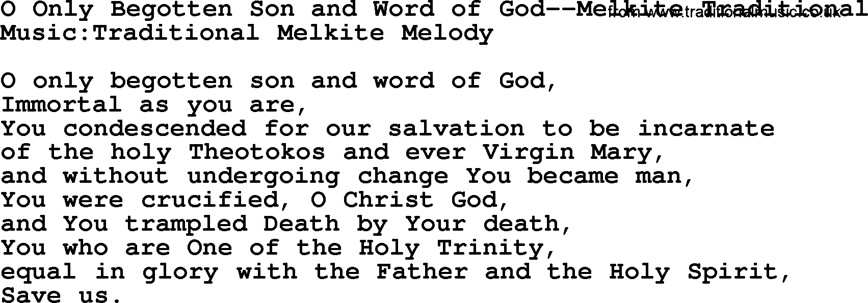 Hymns from the Psalms, Hymn: O Only Begotten Son And Word Of God-Melkite Traditional, lyrics with PDF