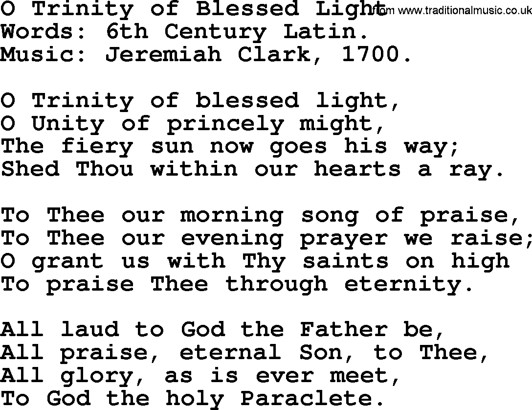 Hymns from the Psalms, Hymn: O Trinity Of Blessed Light, lyrics with PDF