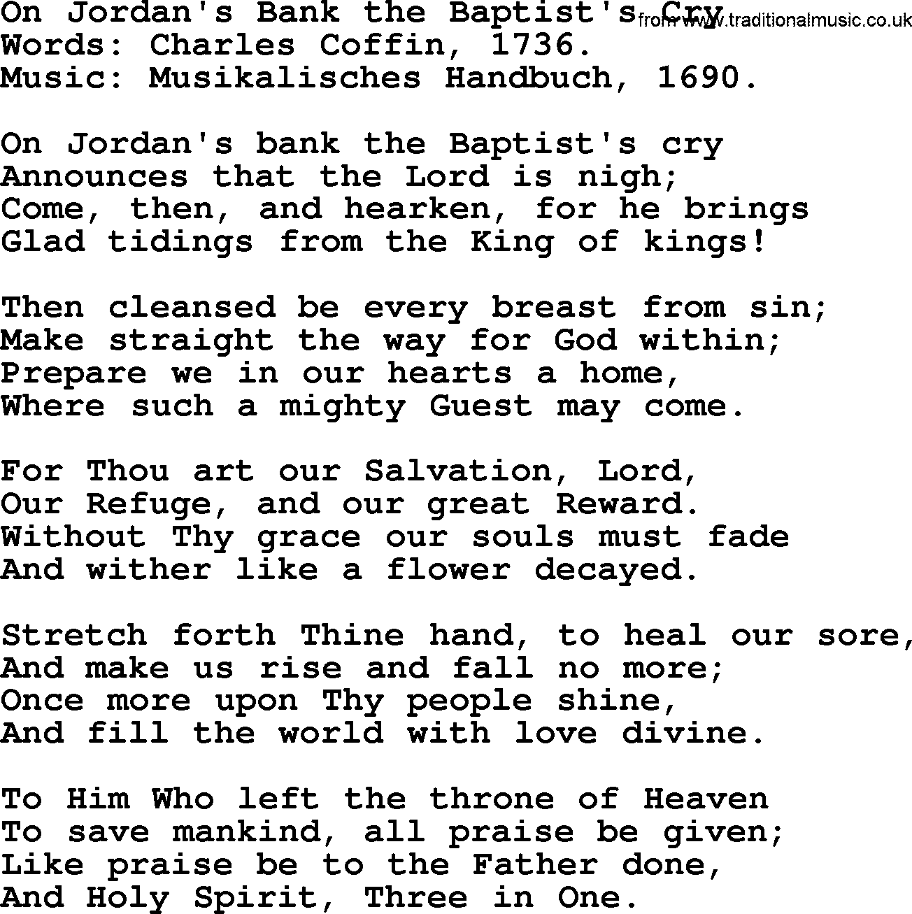 Hymns from the Psalms, Hymn: On Jordan's Bank The Baptist's Cry, lyrics with PDF