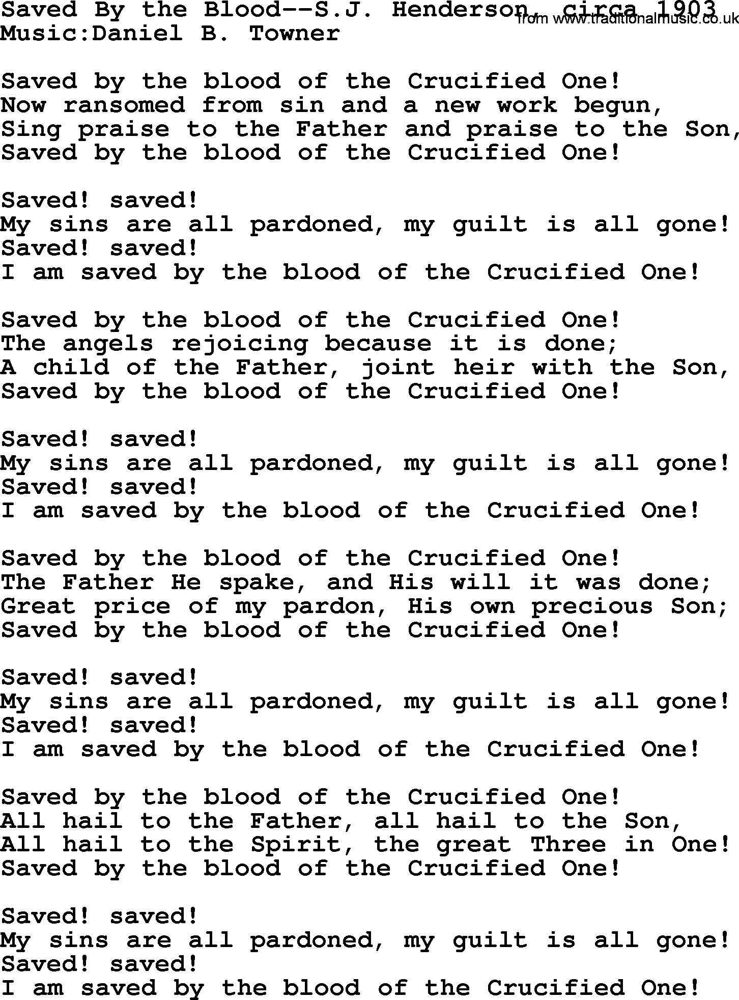 Hymns from the Psalms, Hymn: Saved By The Blood-S.J. Henderson, Circa 1903, lyrics with PDF