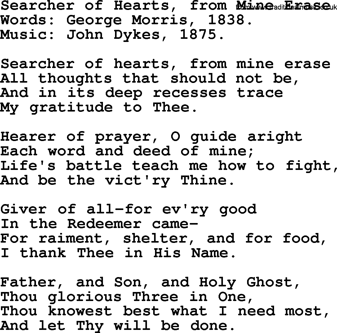Hymns from the Psalms, Hymn: Searcher Of Hearts, From Mine Erase, lyrics with PDF