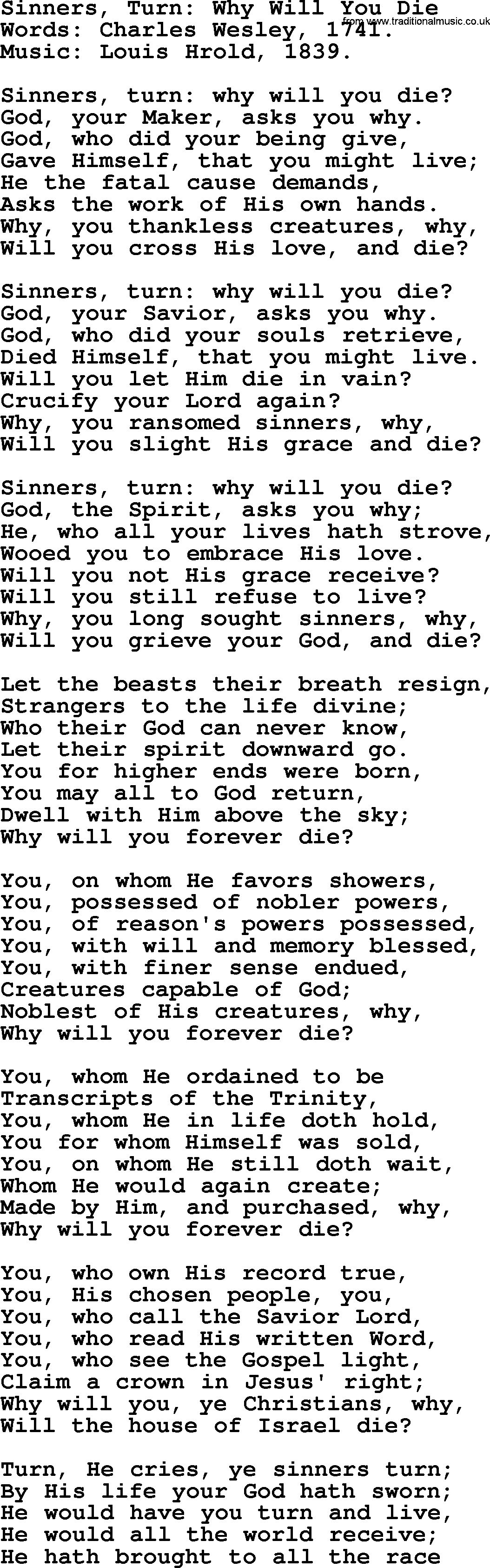 Hymns from the Psalms, Hymn: Sinners, Turn_ Why Will You Die, lyrics with PDF
