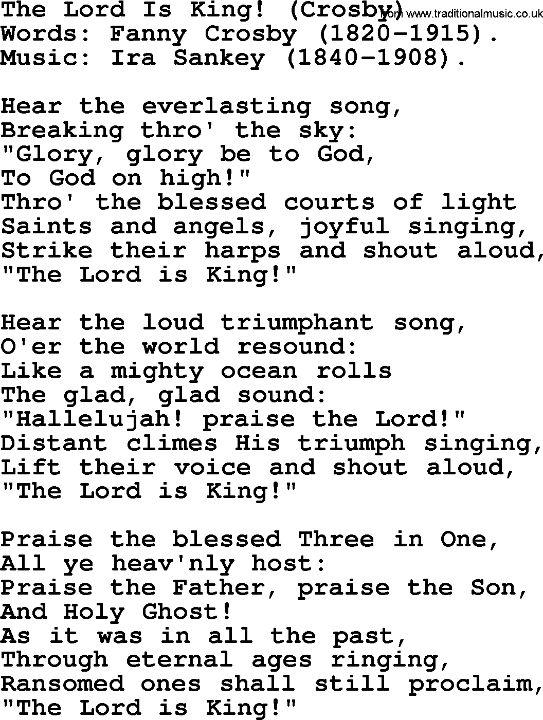 Hymns from the Psalms, Hymn: The Lord Is King! (Crosby), lyrics with PDF