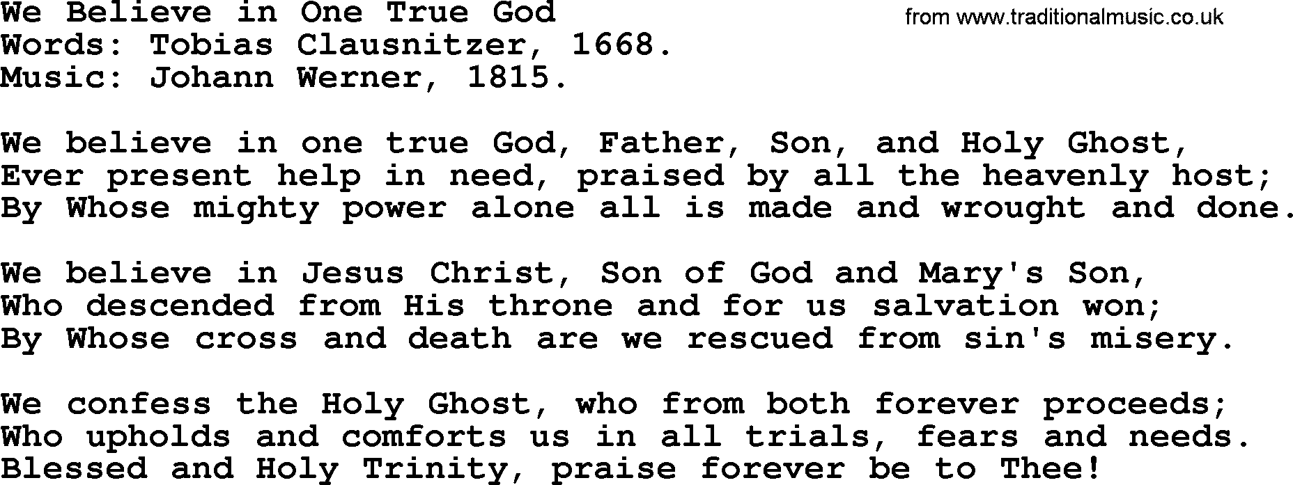Hymns from the Psalms, Hymn: We Believe In One True God, lyrics with PDF