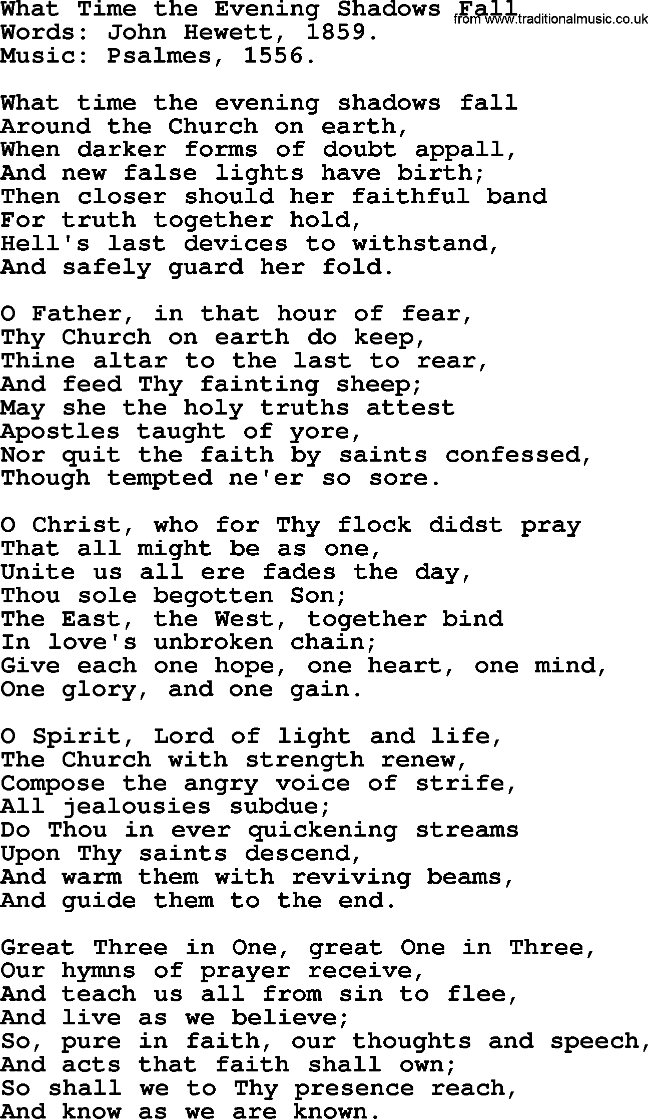 Hymns from the Psalms, Hymn: What Time The Evening Shadows Fall, lyrics with PDF