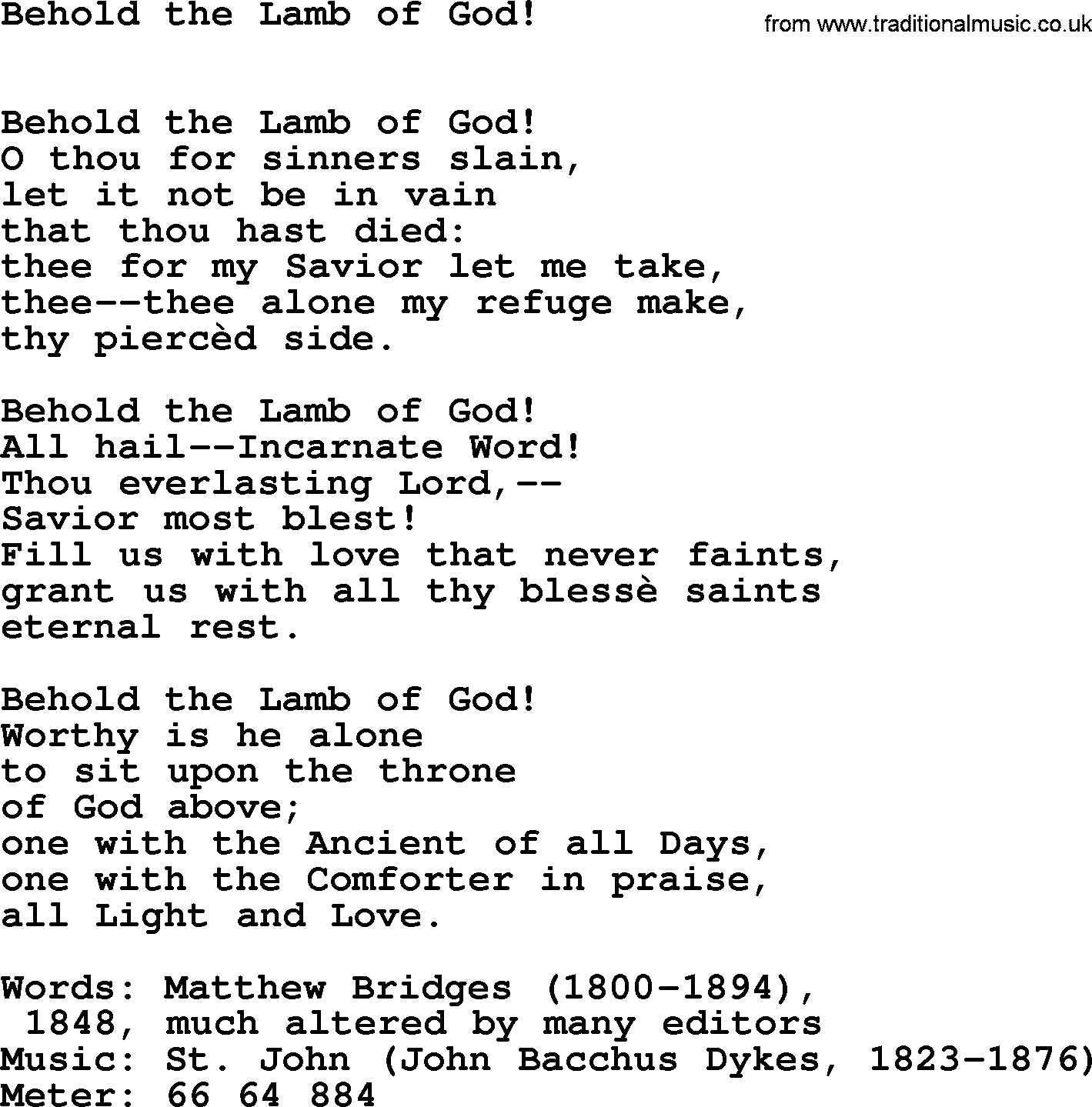 Holy Week Hymns, Hymn: Behold The Lamb Of God!, lyrics, PDF and Midi music
