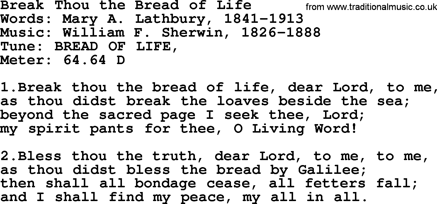 Holy Week Hymns, Hymn: Break Thou The Bread Of Life, lyrics, PDF and Midi music