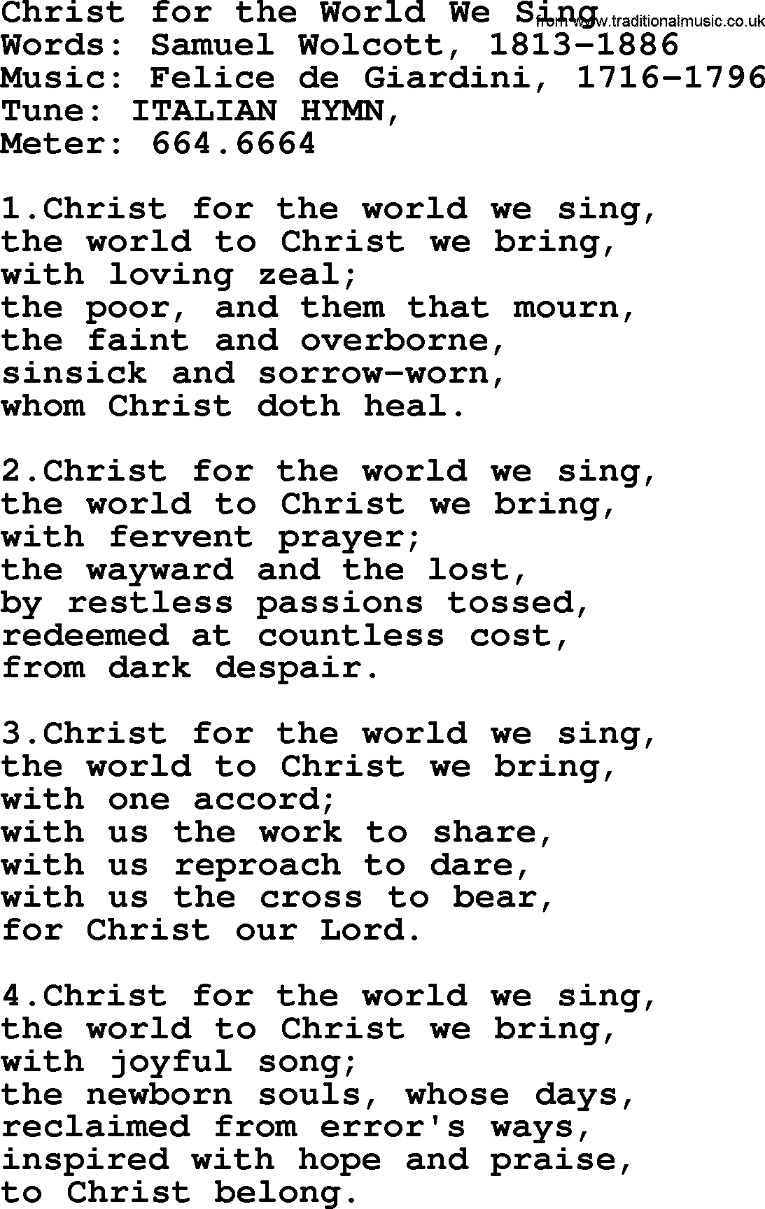 Holy Week Hymns, Hymn: Christ For The World We Sing, lyrics, PDF and Midi music