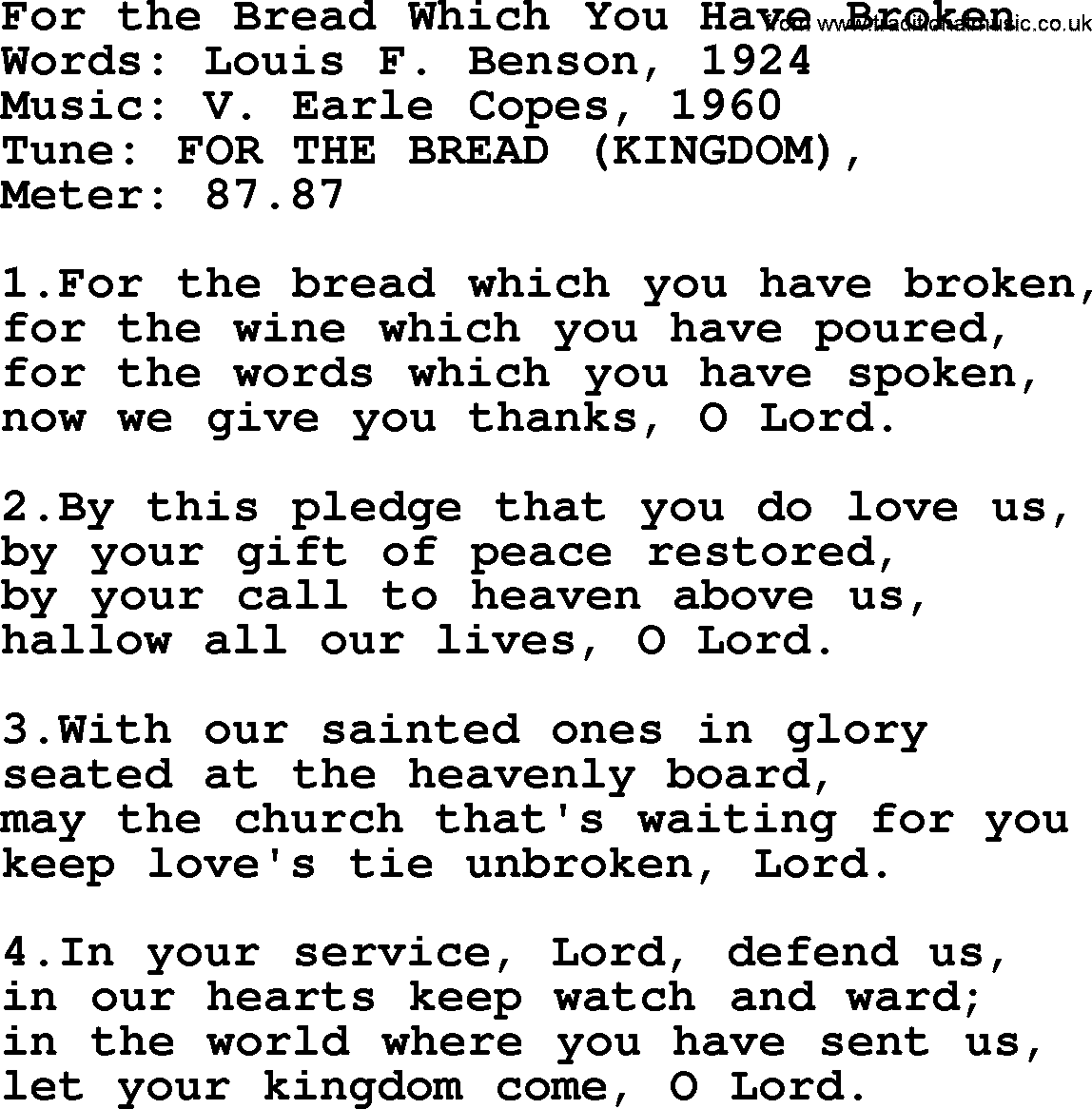 Holy Week Hymns, Hymn: For The Bread Which You Have Broken, lyrics, PDF and Midi music