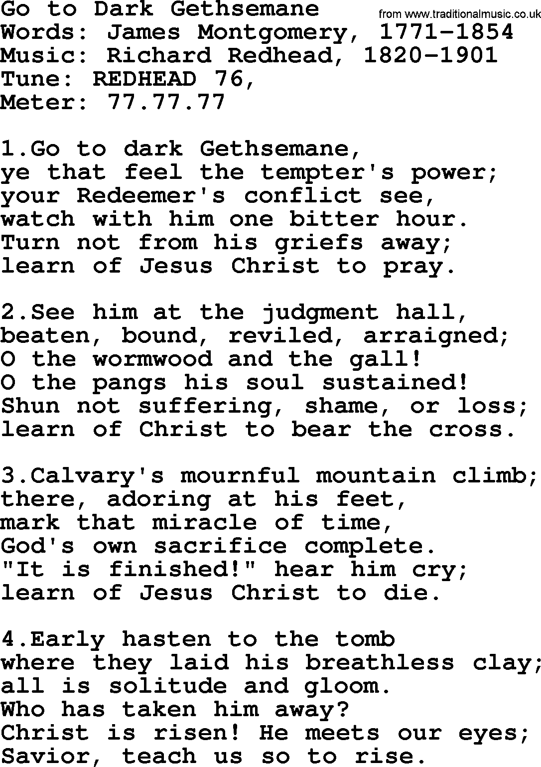 Holy Week Hymns, Hymn: Go To Dark Gethsemane, lyrics, PDF and Midi music
