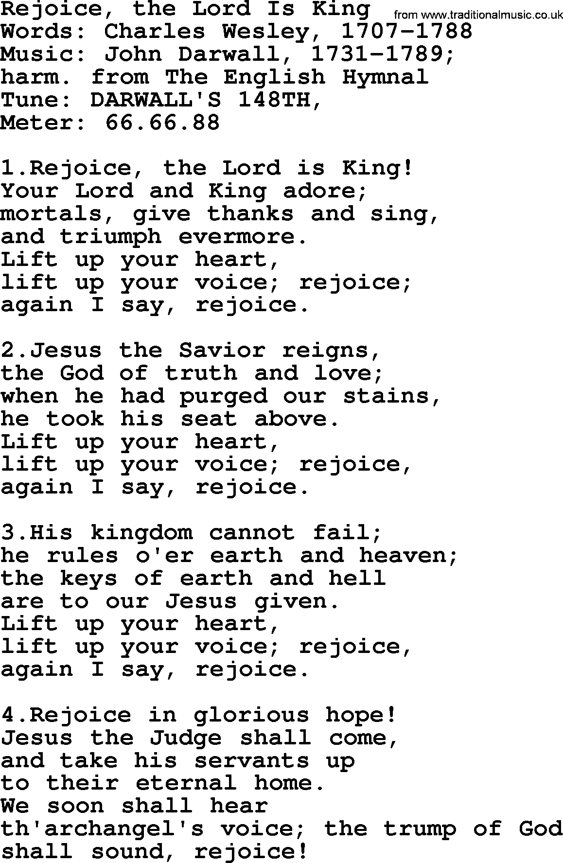 Holy Week Hymns, Hymn: Rejoice, The Lord Is King, lyrics, PDF and Midi music