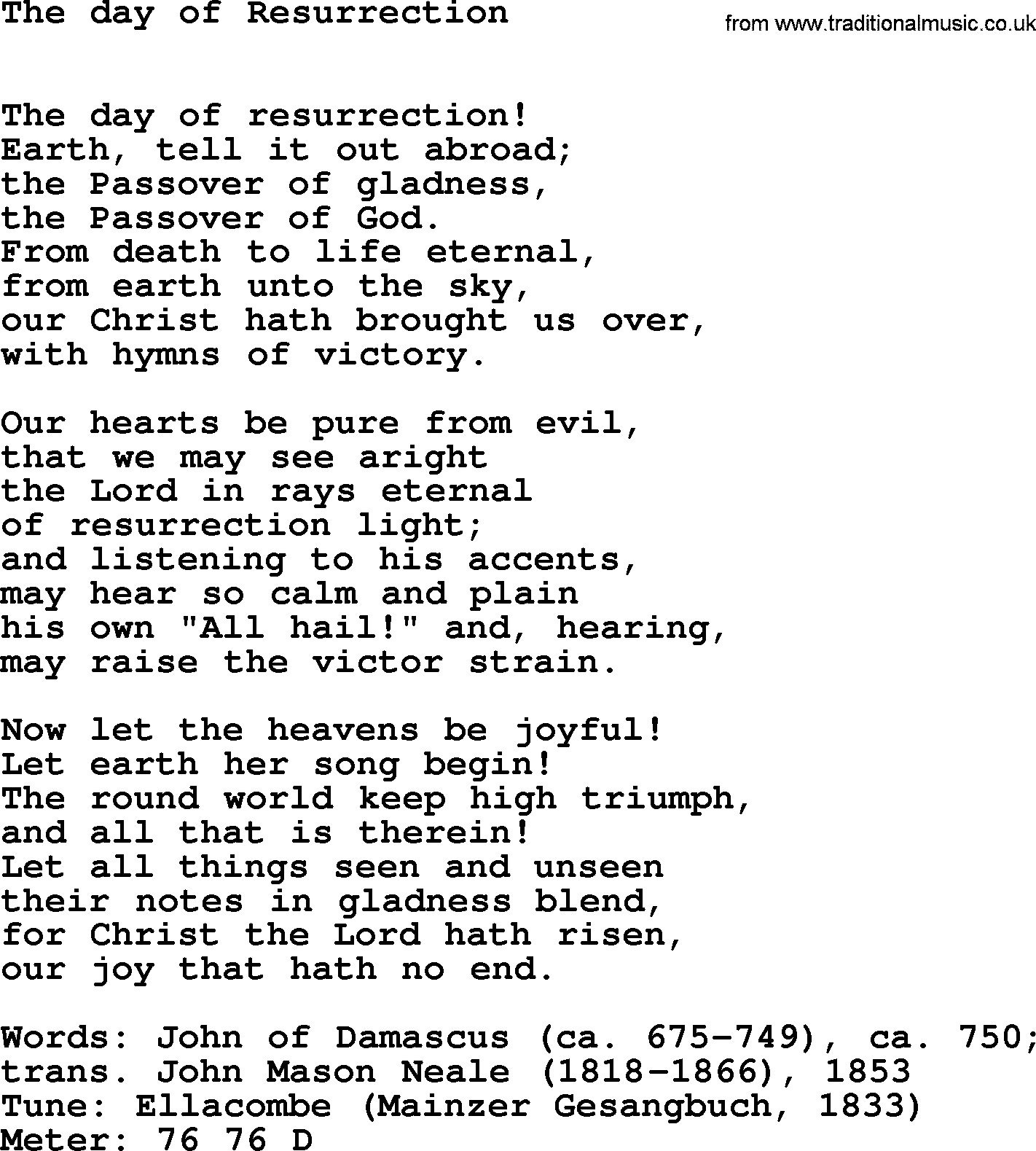 Holy Week Hymns, Hymn: The Day Of Resurrection, lyrics, PDF and Midi music
