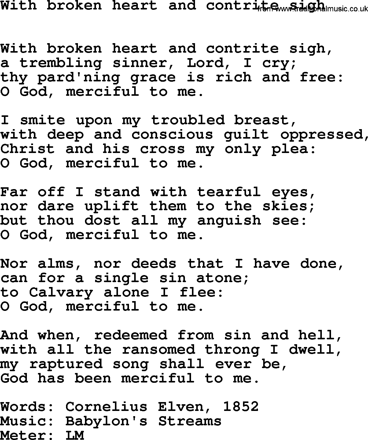 Holy Week Hymns, Hymn: With Broken Heart And Contrite Sigh, lyrics, PDF and Midi music