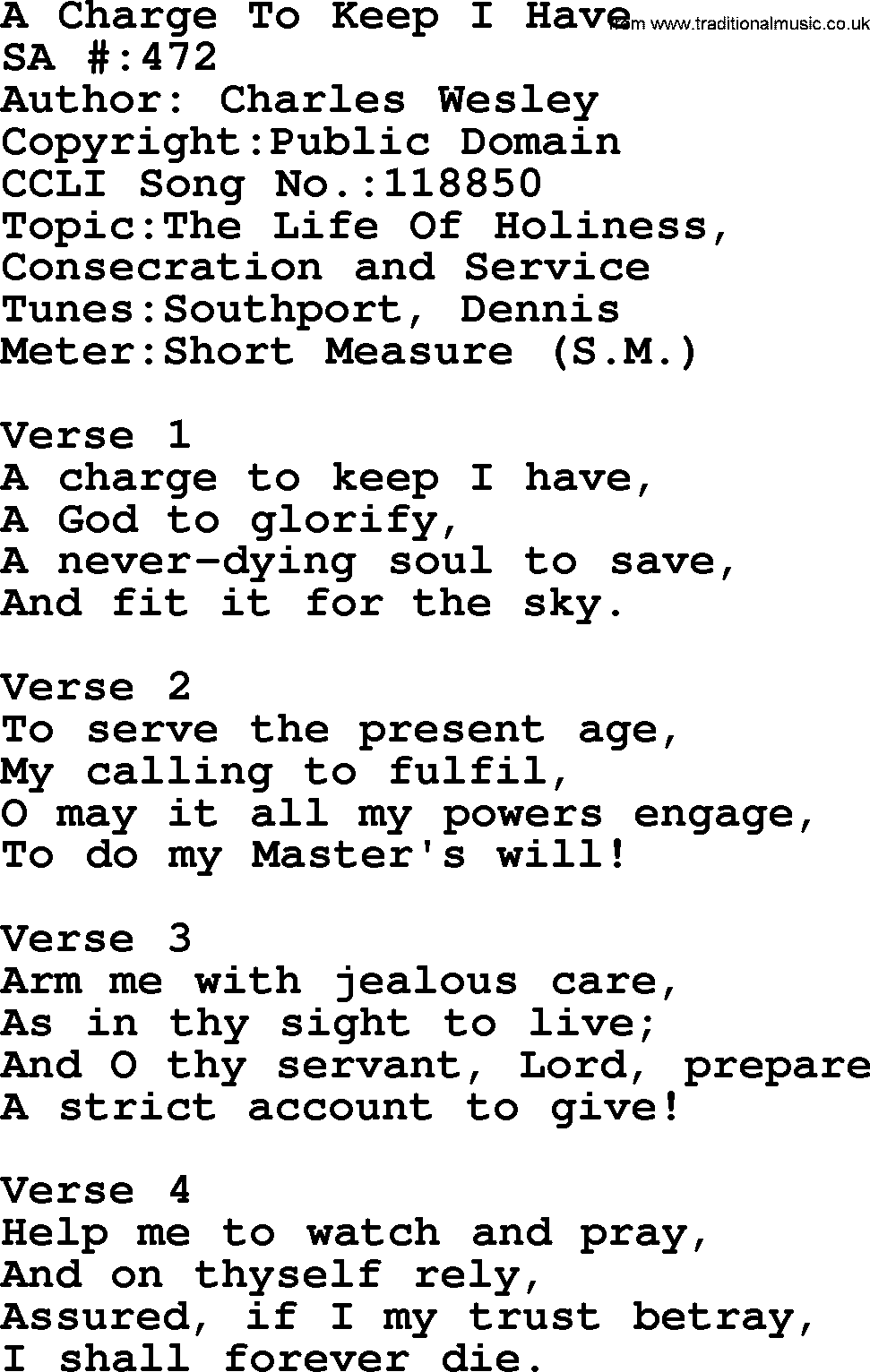 Salvation Army Hymnal, title: A Charge To Keep I Have, with lyrics and PDF,