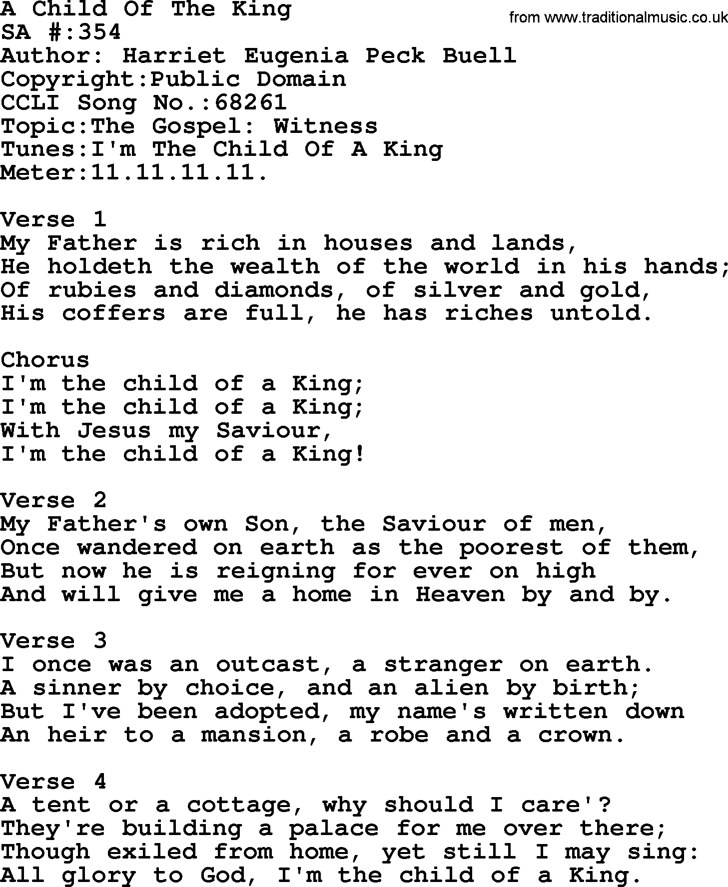 Salvation Army Hymnal, title: A Child Of The King, with lyrics and PDF,