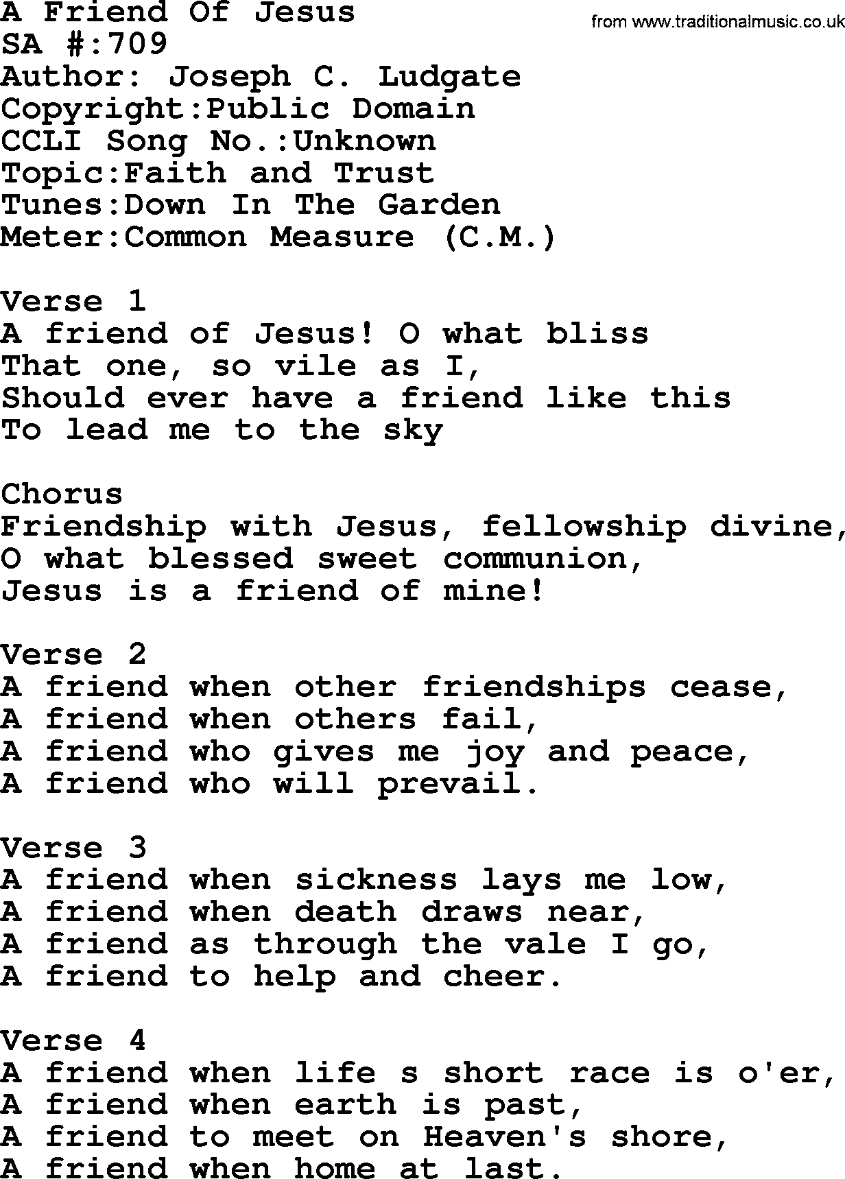 Salvation Army Hymnal, title: A Friend Of Jesus, with lyrics and PDF,