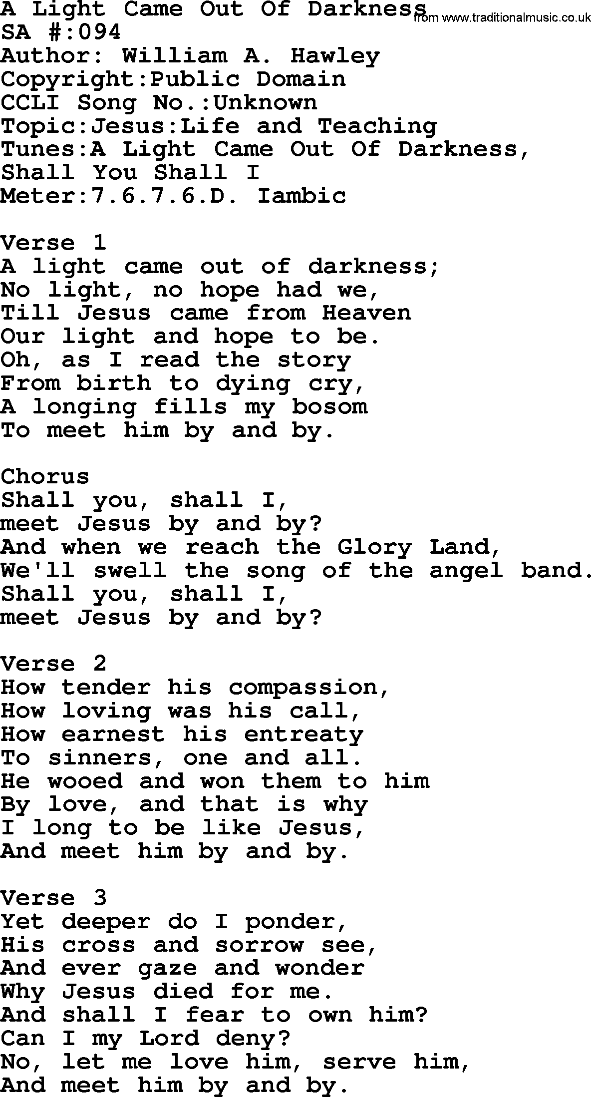 Salvation Army Hymnal, title: A Light Came Out Of Darkness, with lyrics and PDF,