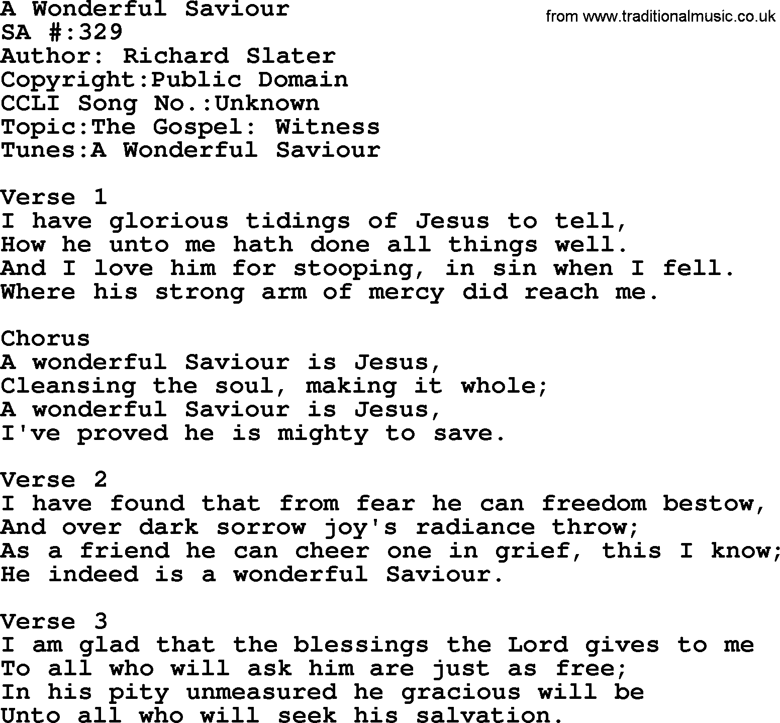 Salvation Army Hymnal, title: A Wonderful Saviour, with lyrics and PDF,