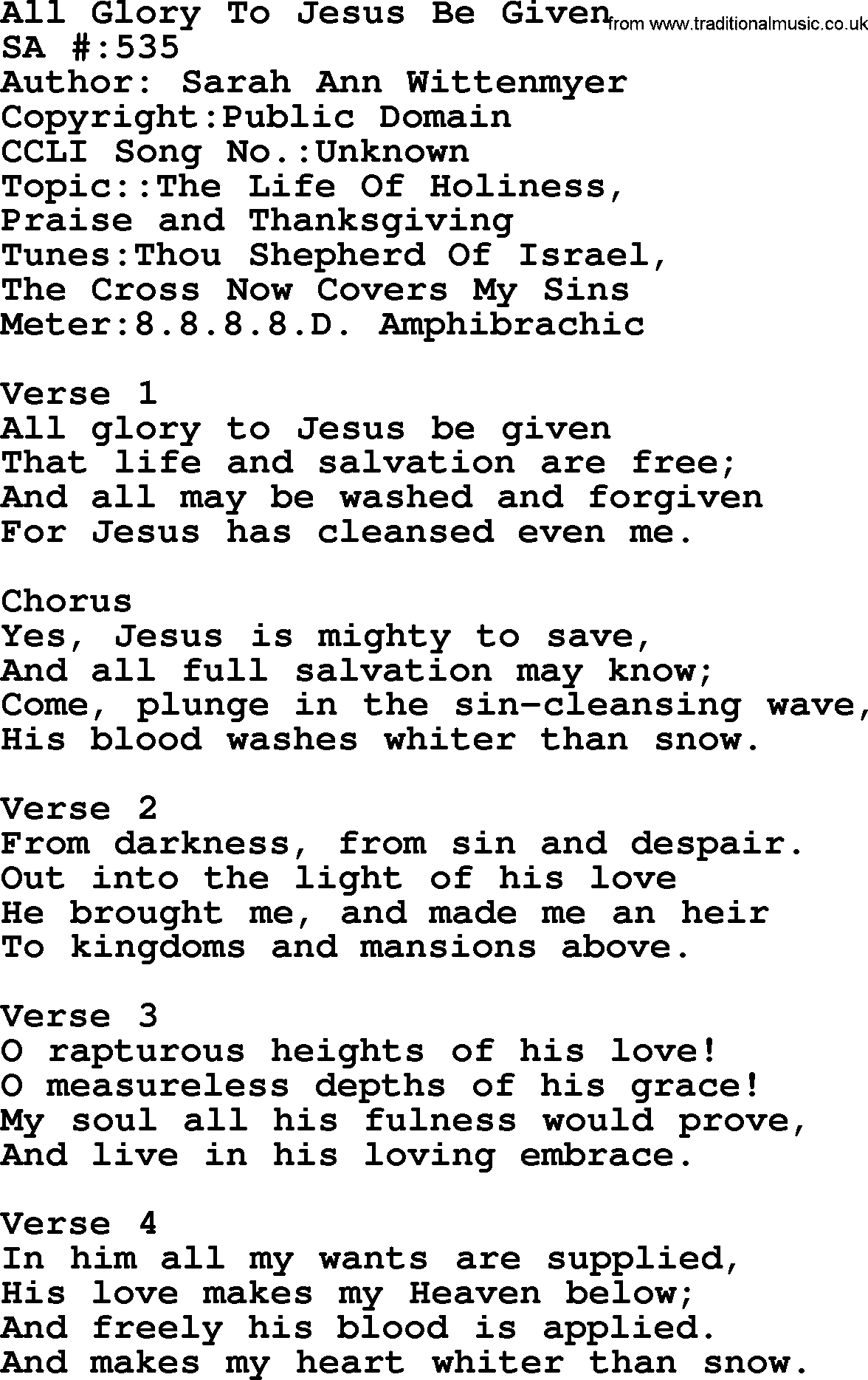 Salvation Army Hymnal, title: All Glory To Jesus Be Given, with lyrics and PDF,