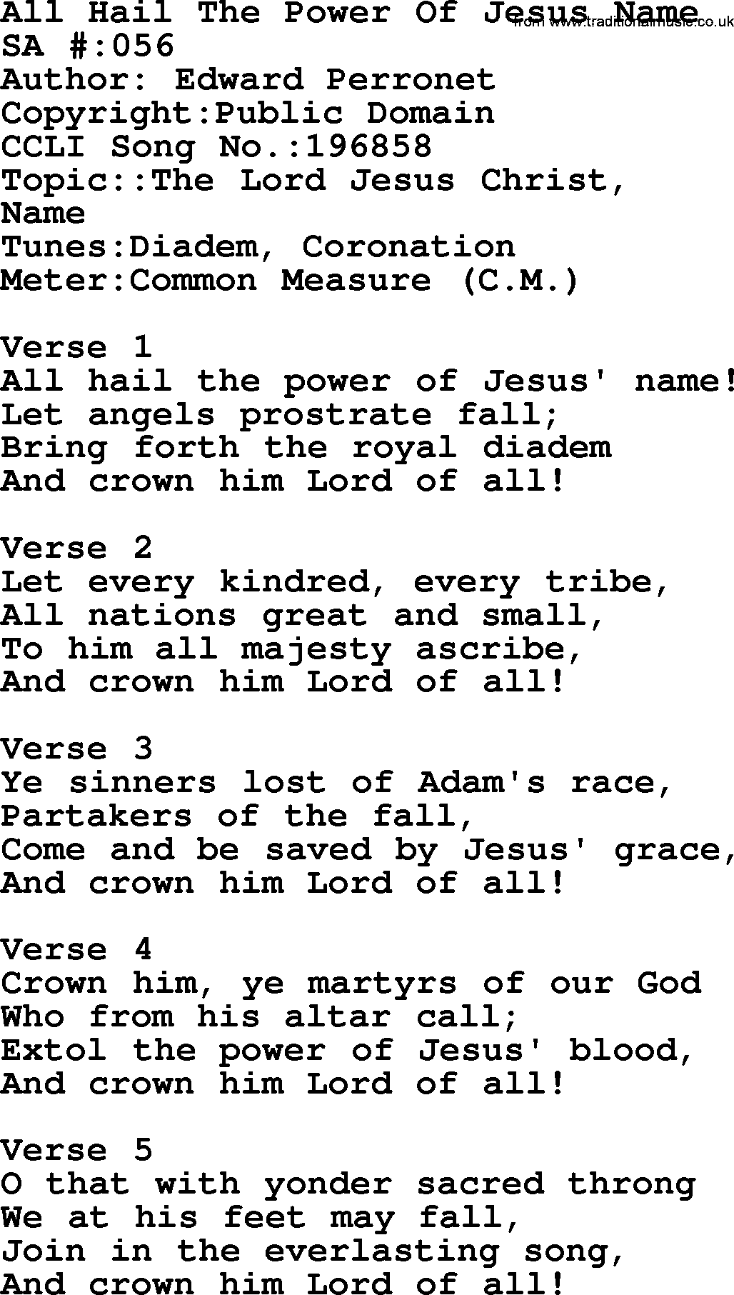 Salvation Army Hymnal, title: All Hail The Power Of Jesus Name, with lyrics and PDF,