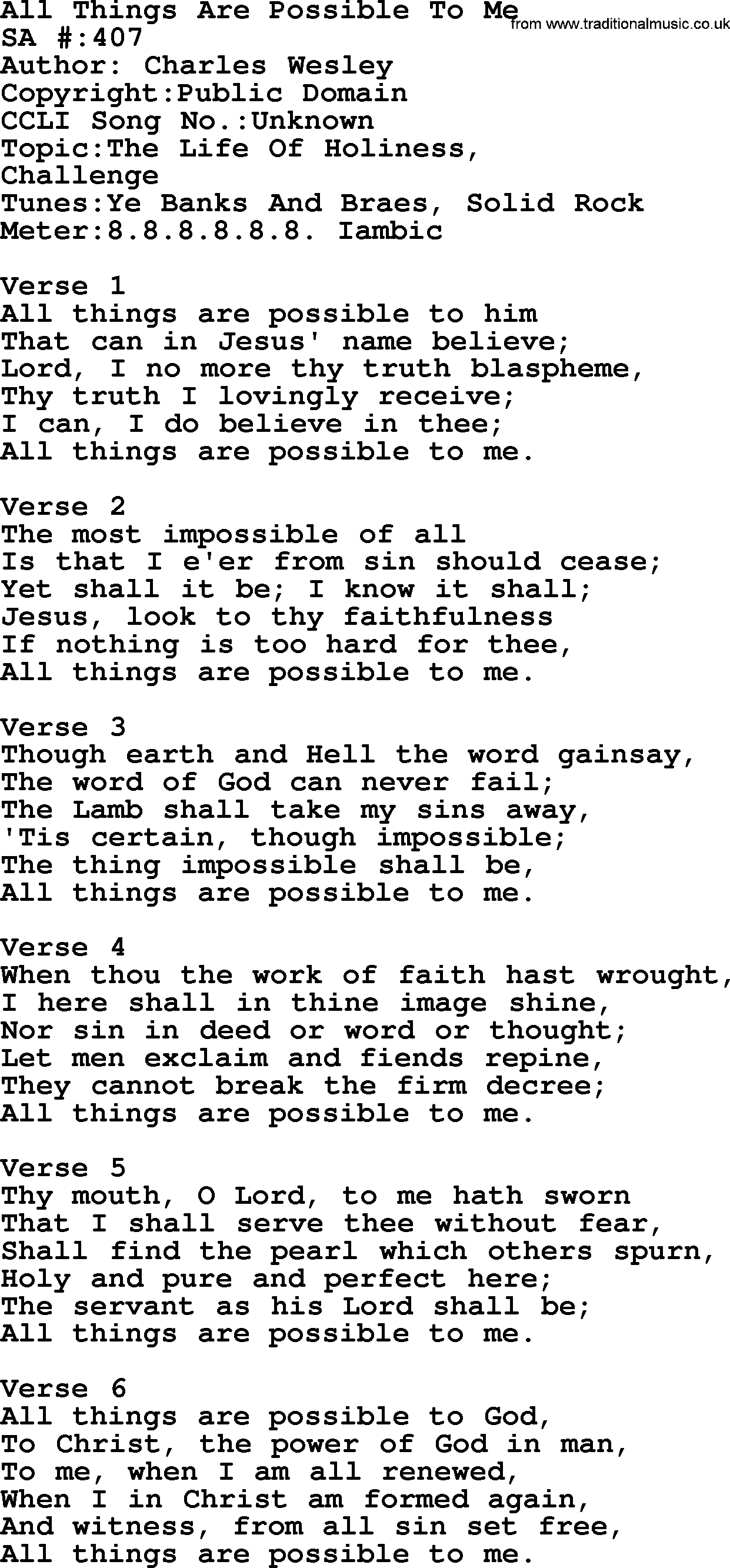 Salvation Army Hymnal, title: All Things Are Possible To Me, with lyrics and PDF,