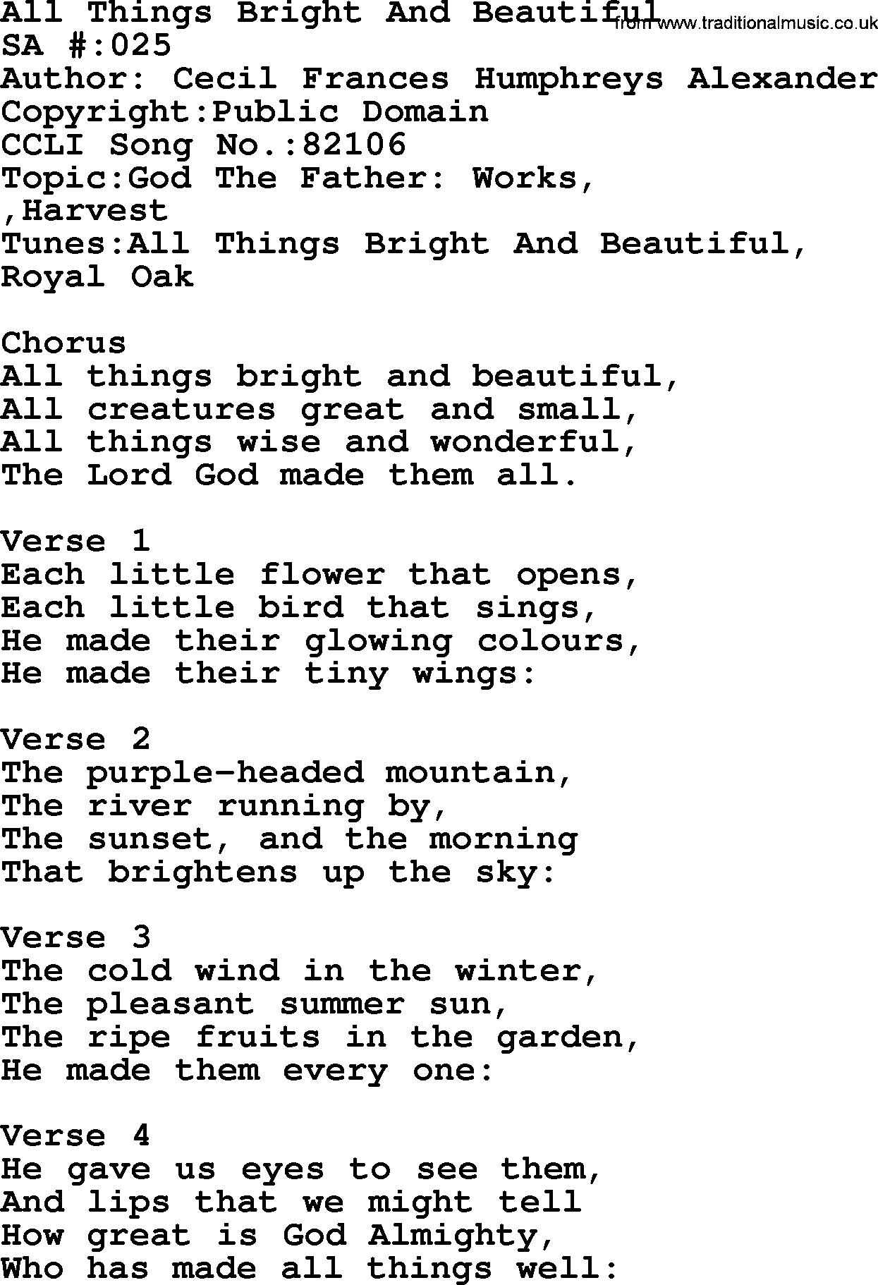 Salvation Army Hymnal, title: All Things Bright And Beautiful, with lyrics and PDF,