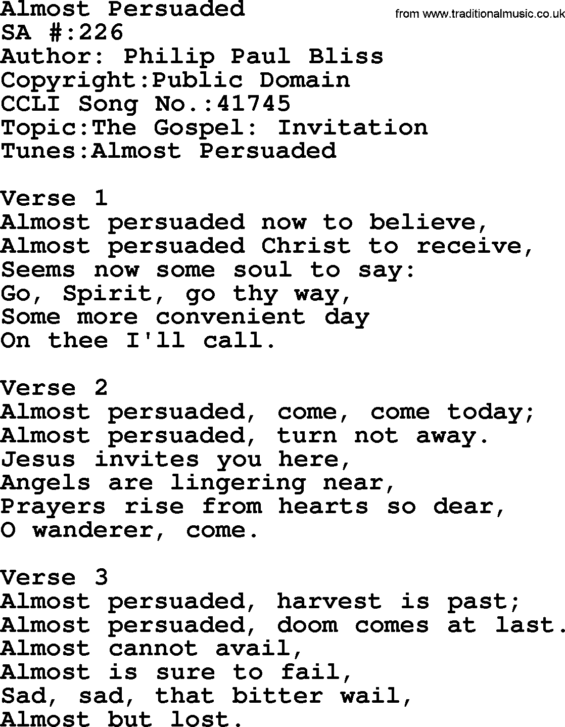 Salvation Army Hymnal, title: Almost Persuaded, with lyrics and PDF,