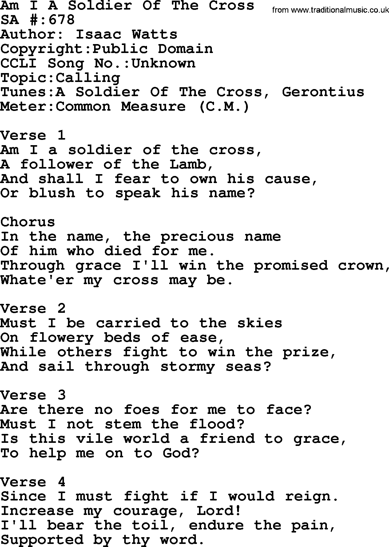 Salvation Army Hymnal, title: Am I A Soldier Of The Cross, with lyrics and PDF,