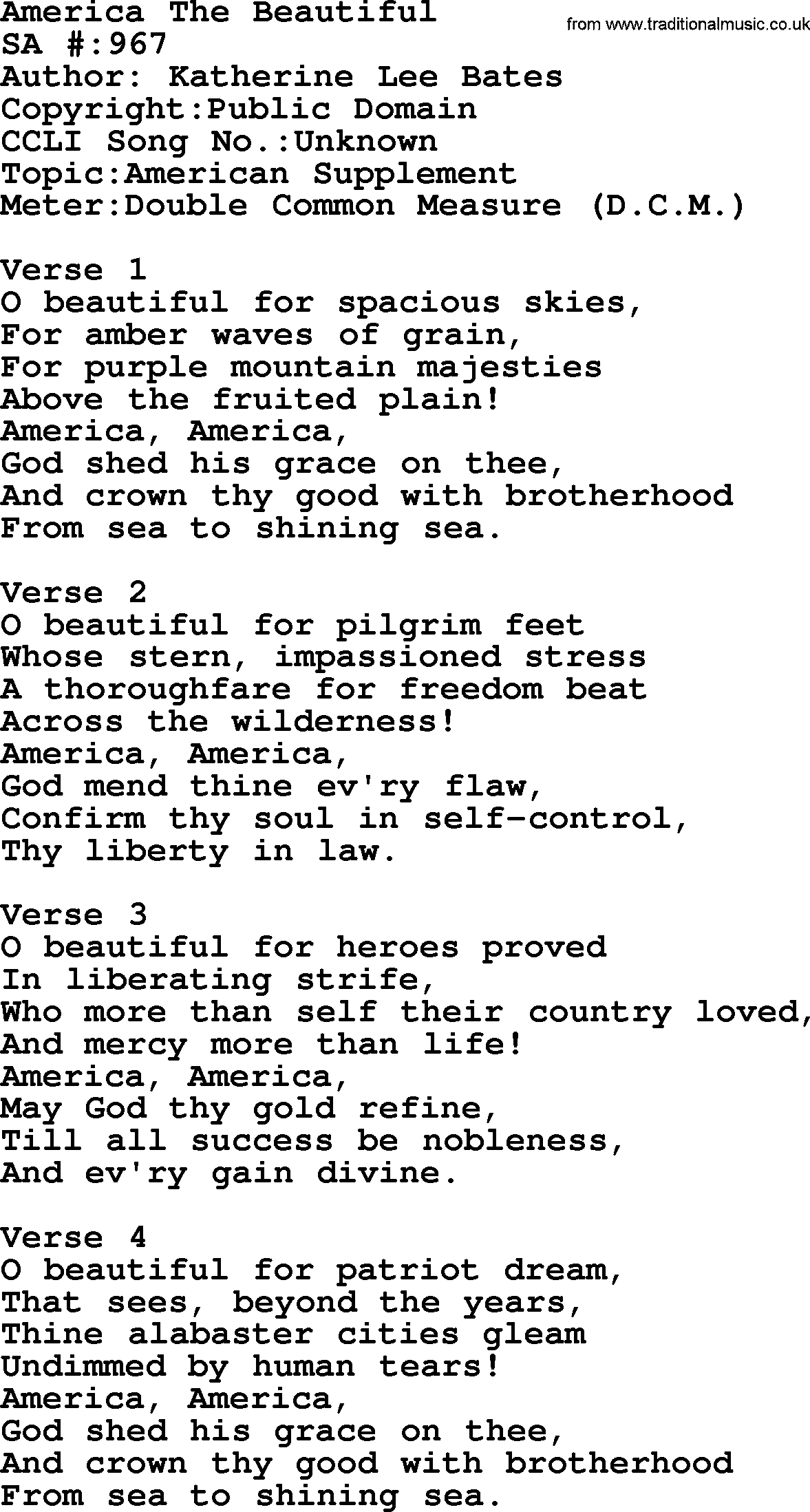 Salvation Army Hymnal, title: America The Beautiful, with lyrics and PDF,