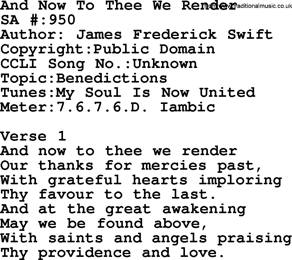 Salvation Army Hymnal, title: And Now To Thee We Render, with lyrics and PDF,