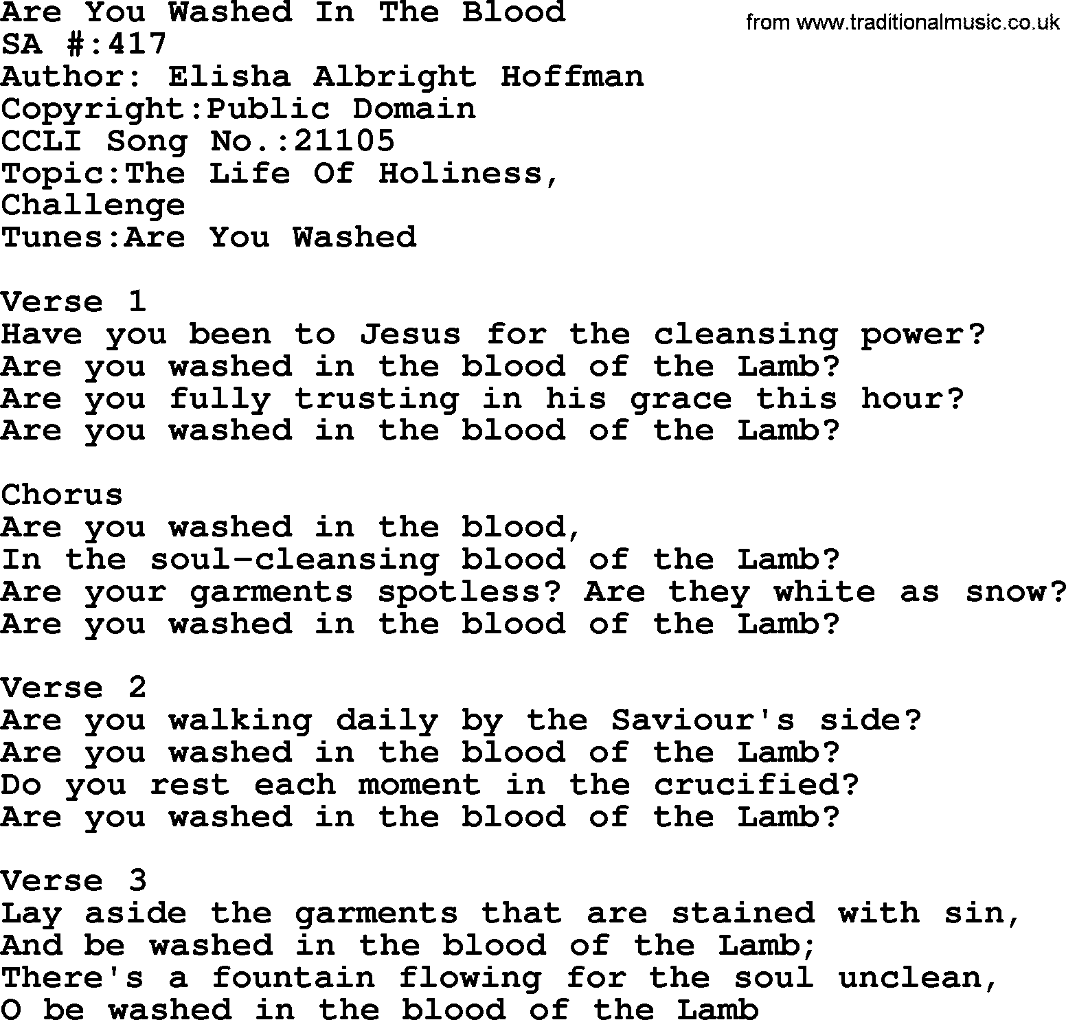 Salvation Army Hymnal, title: Are You Washed In The Blood, with lyrics and PDF,